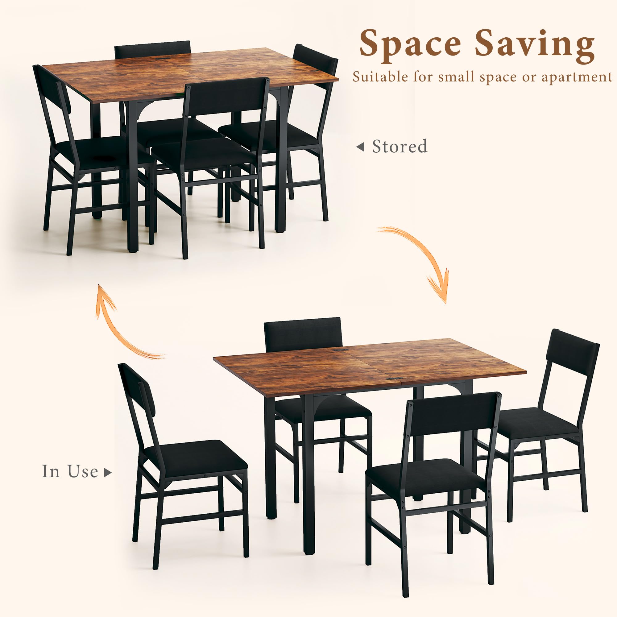 HUAHUU Dining Table Set for 4, Extendable Kitchen Table Cushion Chairs Set of 4, Rectangle Dining Table with Metal Frame & MDF Board, Folding for Small Apartment Saving Space, Black