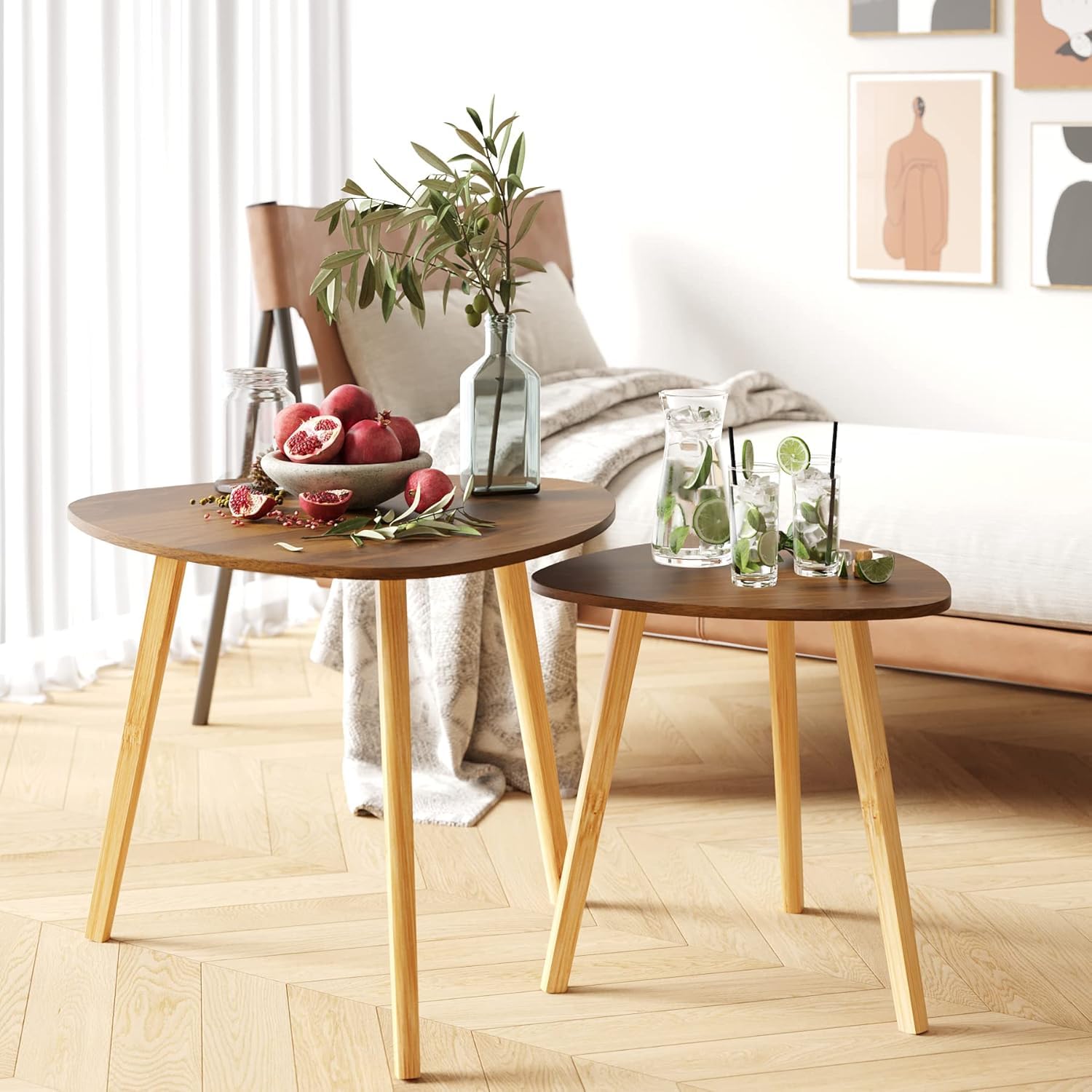 BAMEOS Monstera Leaf Nesting Tables Set of 2, Small Side Tables f Set with Leaf Vein Pattern, Modern Wooden CoffeeTables for Living Room Bedroom Apartment Balcony Yard
