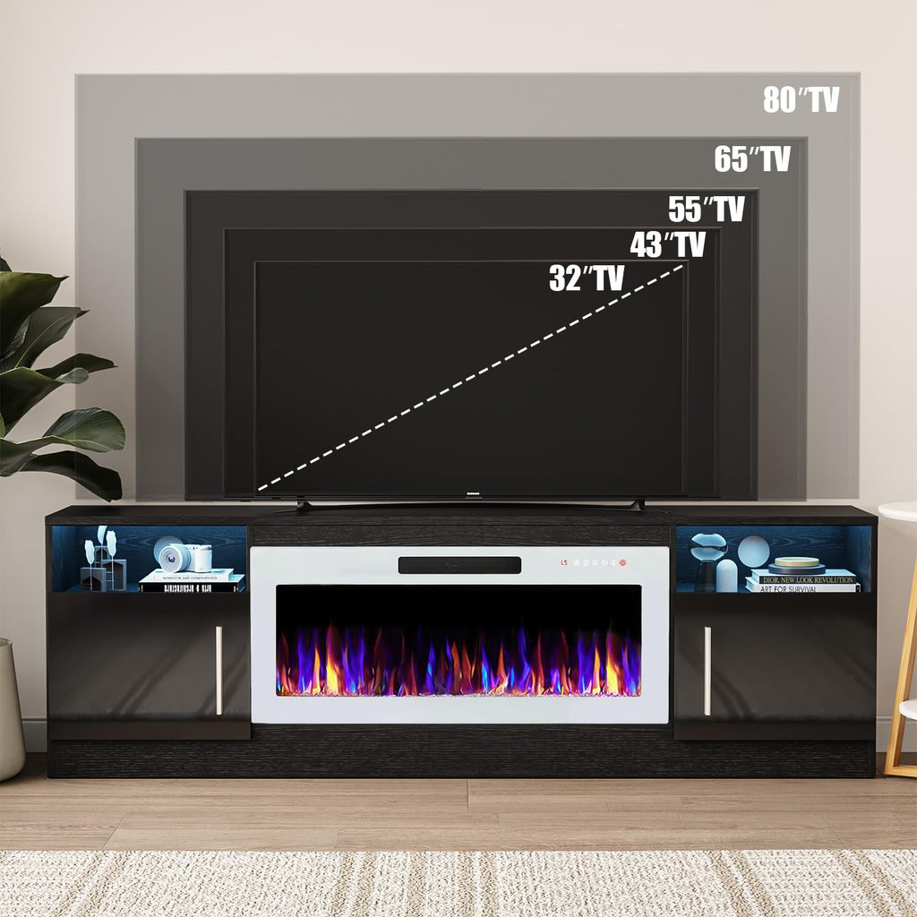 VITESSE 58 Inches Fireplace TV Stand for TVs up to 65 Inches Console with 18'' Electric Fireplace & Remote,Wooden Modern Entertainment Center for Living Room with LED Light Glass Shelves（Bei）