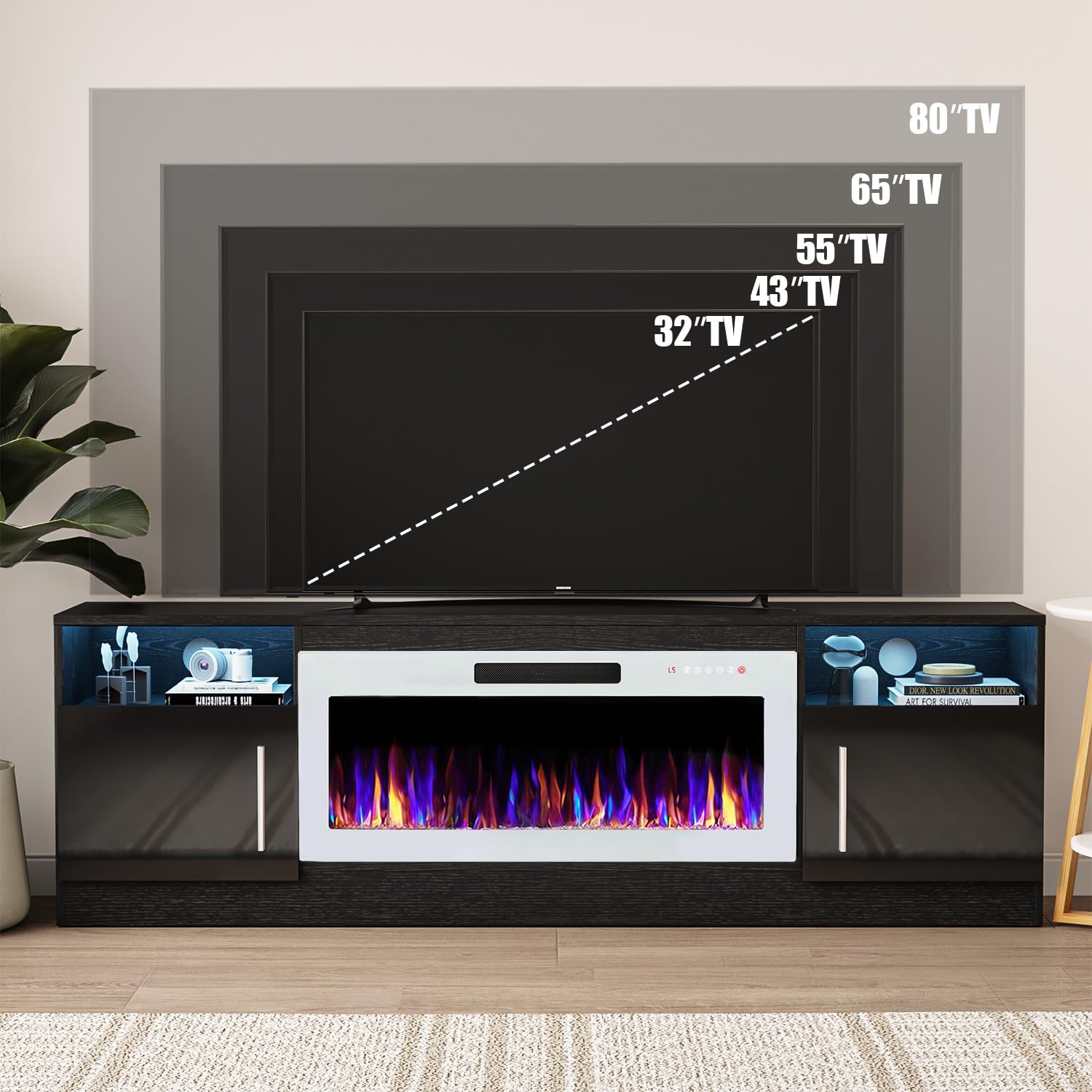 VITESSE 58 Inches Fireplace TV Stand for TVs up to 65 Inches Console with 18'' Electric Fireplace & Remote,Wooden Modern Entertainment Center for Living Room with LED Light Glass Shelves（Bei）