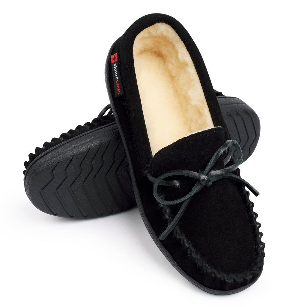 Alpine Swiss Sabine Womens Moccasin Slippers Genuine Suede House Shoe Memory Foam Insole Plush Faux Shearling Fur Indoor Outdoor Anti-Slip Rubber Sole