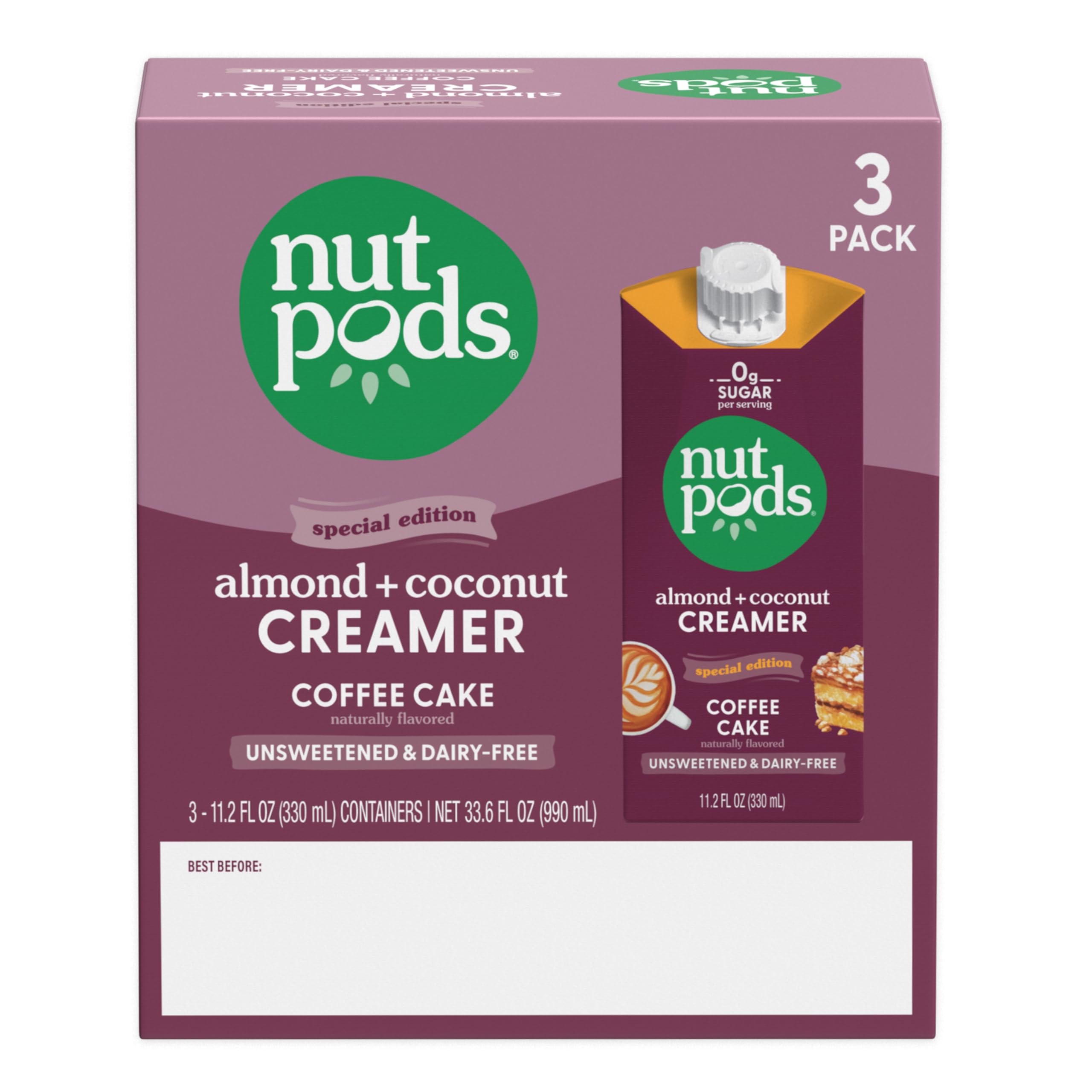 nutpods Coffee Cake Unsweetened Dairy-Free Creamer, Made from Almonds and Coconuts, Whole30, Keto, Gluten Free, Non-GMO, Vegan, Kosher (3-Pack)