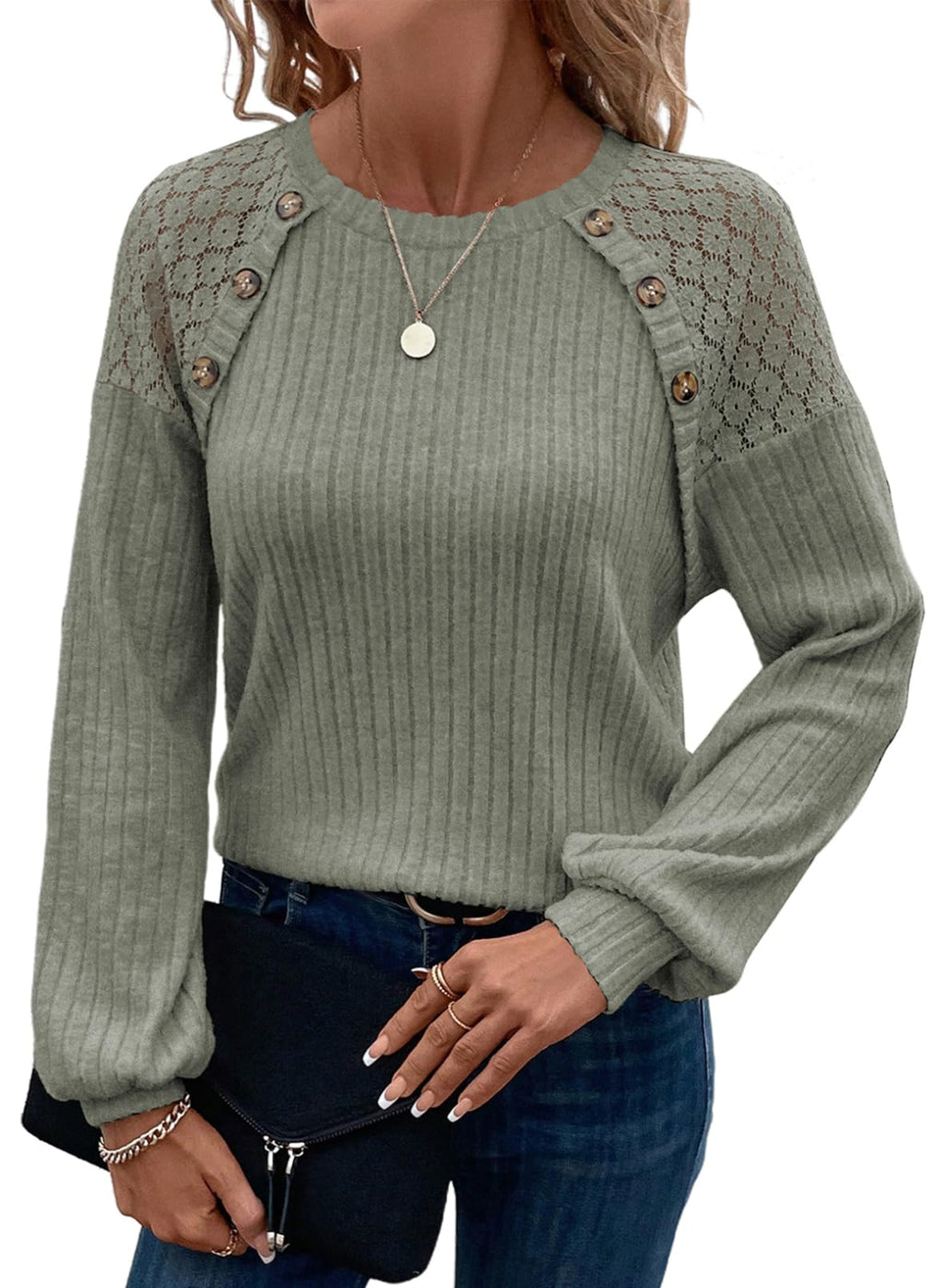 Acelitt Womens Fall Long Sleeve Tunic Tops Casual Crew Neck Dressy Shirt Lace Patchwork Blouses Pullover Sweaters