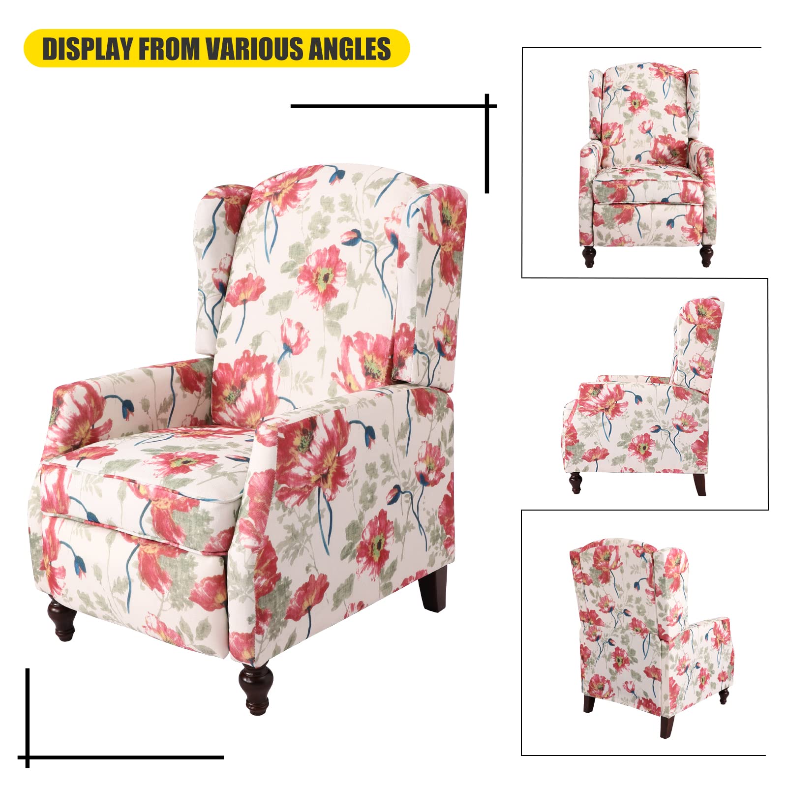 Wingback Chair with Massage and Heat, Tufted Fabric Pushback Recliner Chair, Wingback Recliner Chair with Remote Control, Padded Cushion, Wooden Legs, Small Recliners for Small Spaces