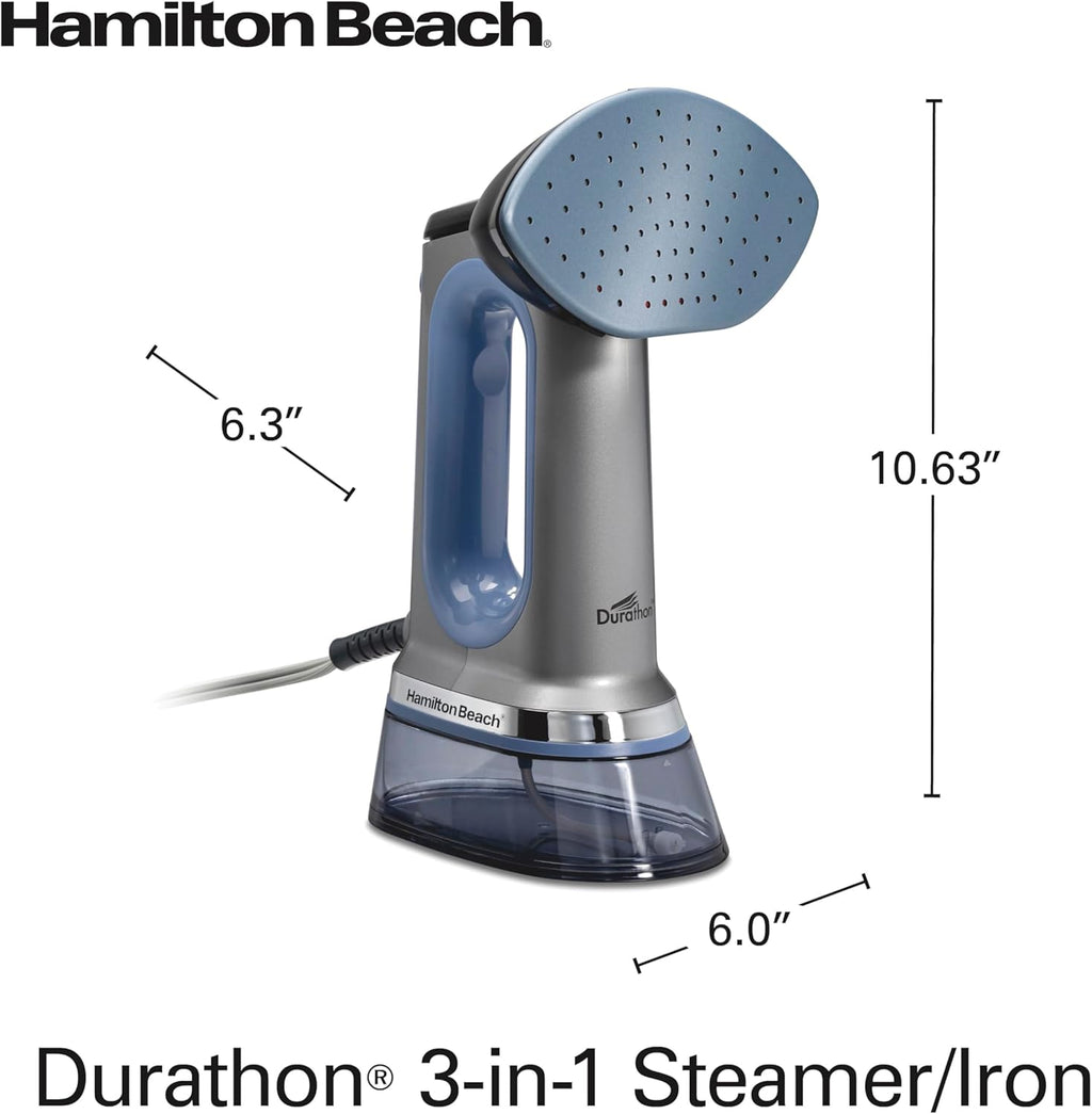 Hamilton Beach Durathon 3-in-1 Travel Steamer for Clothes & Steam Iron | 45 Second Heat-Up with 1700 Watts | 300ml Removable Water Tank | 27 Minutes of Steam | Auto Shutoff | Gray & Blue | 11559