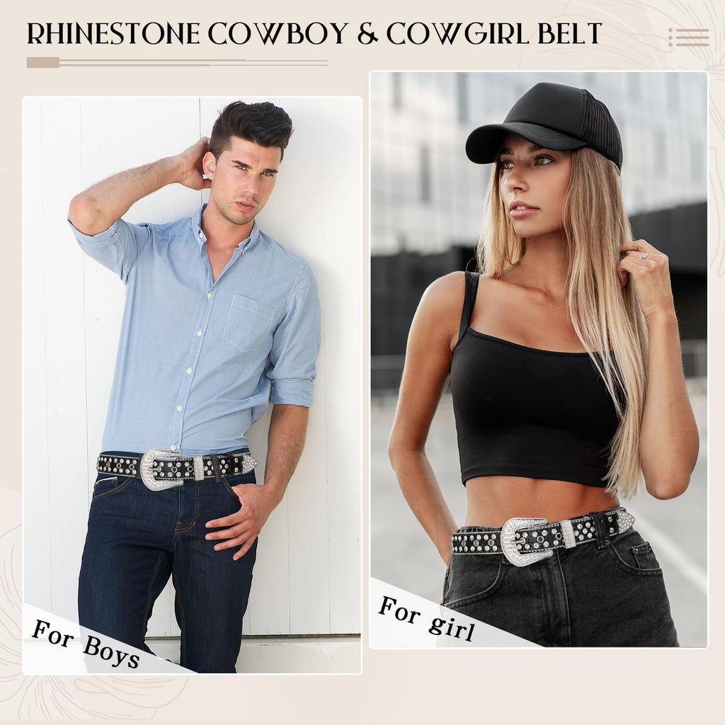 Men Women's Rhinestone Bling Studded 1.5" Leather Belts for Jeans Pants with Fashion Silver Buckle