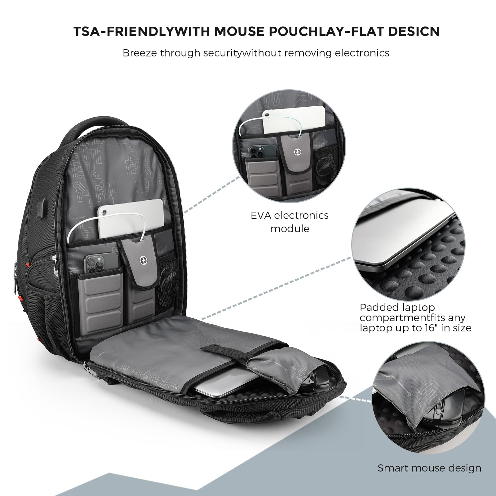 Swissdigital Design Travel Backpack for Women or Men, TSA Friendly USB Charging RFID Protection Business Carry on Bag Fits 15.6" Laptop Backpack Black | J14-BR