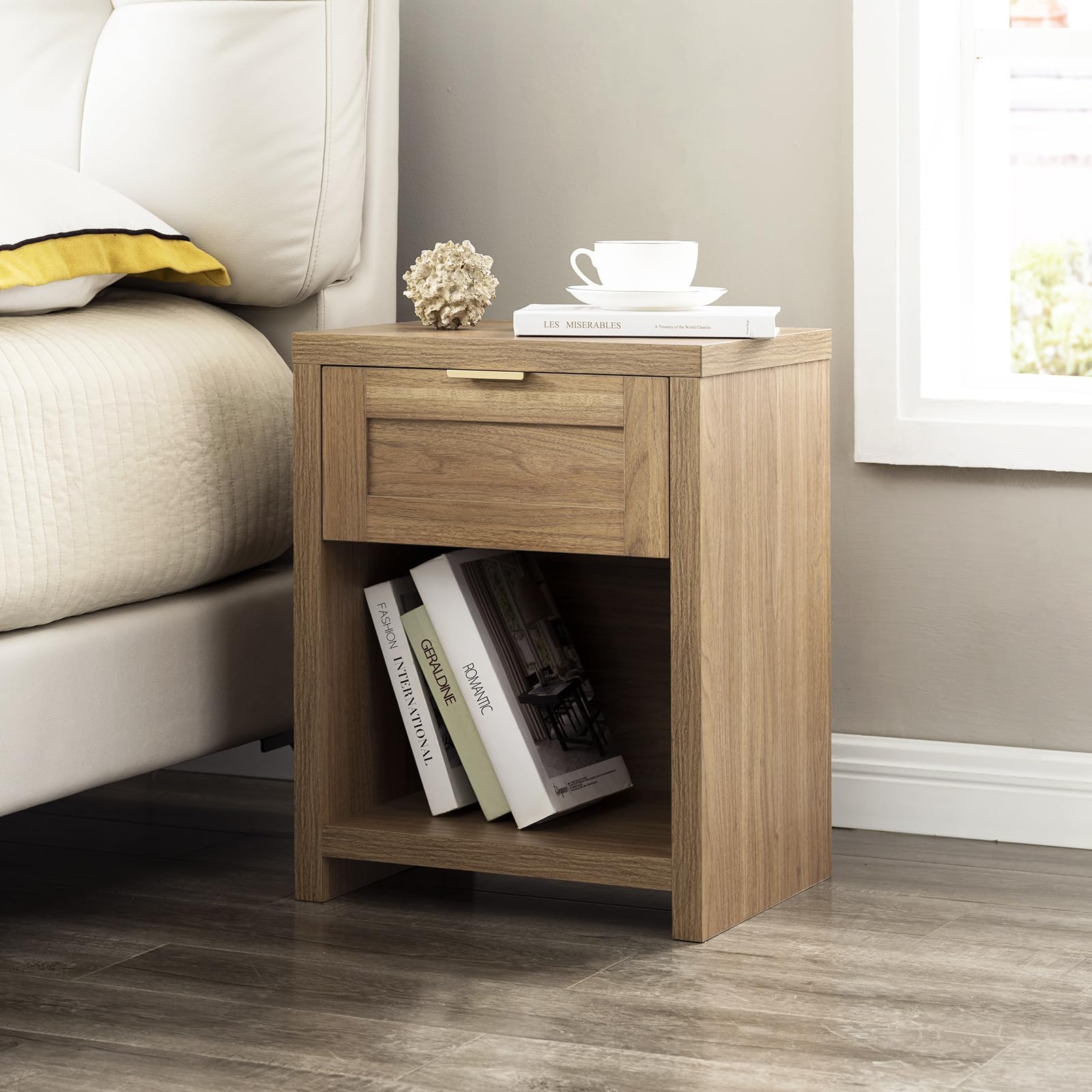 OAKHAM HOME Nightstand Set of 2 Farmhouse Bedside Tables with Drawer and Storage Shelf Modern Boho End Side Tables for Bedroom Sofa, Light Oak