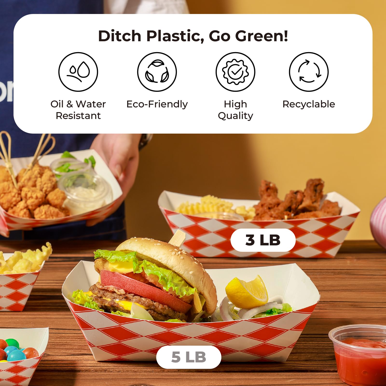Fit Meal Prep [250 Pack 0.25 lb Paper Food Boats Heavy Duty Disposable Food Trays, Red Check Nacho Tray for Parties Fairs Picnics Carnivals, Holds Ketchup Cheese Sauce Pickles