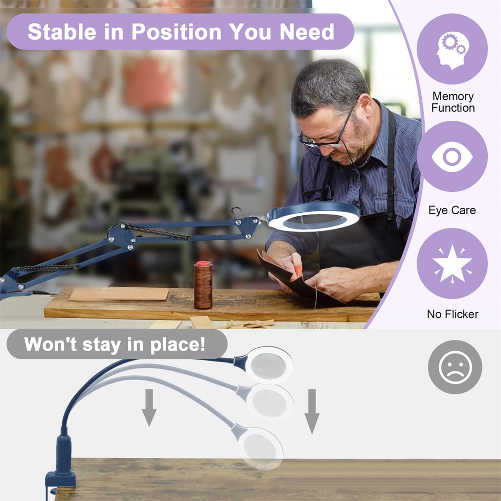 12X Magnifying Glass with Light and Stand, Real Glass, 5 Color Modes, Brightness Stepless Dimmable Lighted Magnifier Hands Free, 2-in-1 Desk Lamp & Clamp Light, Magnifier Lamp for Close Work, Reading