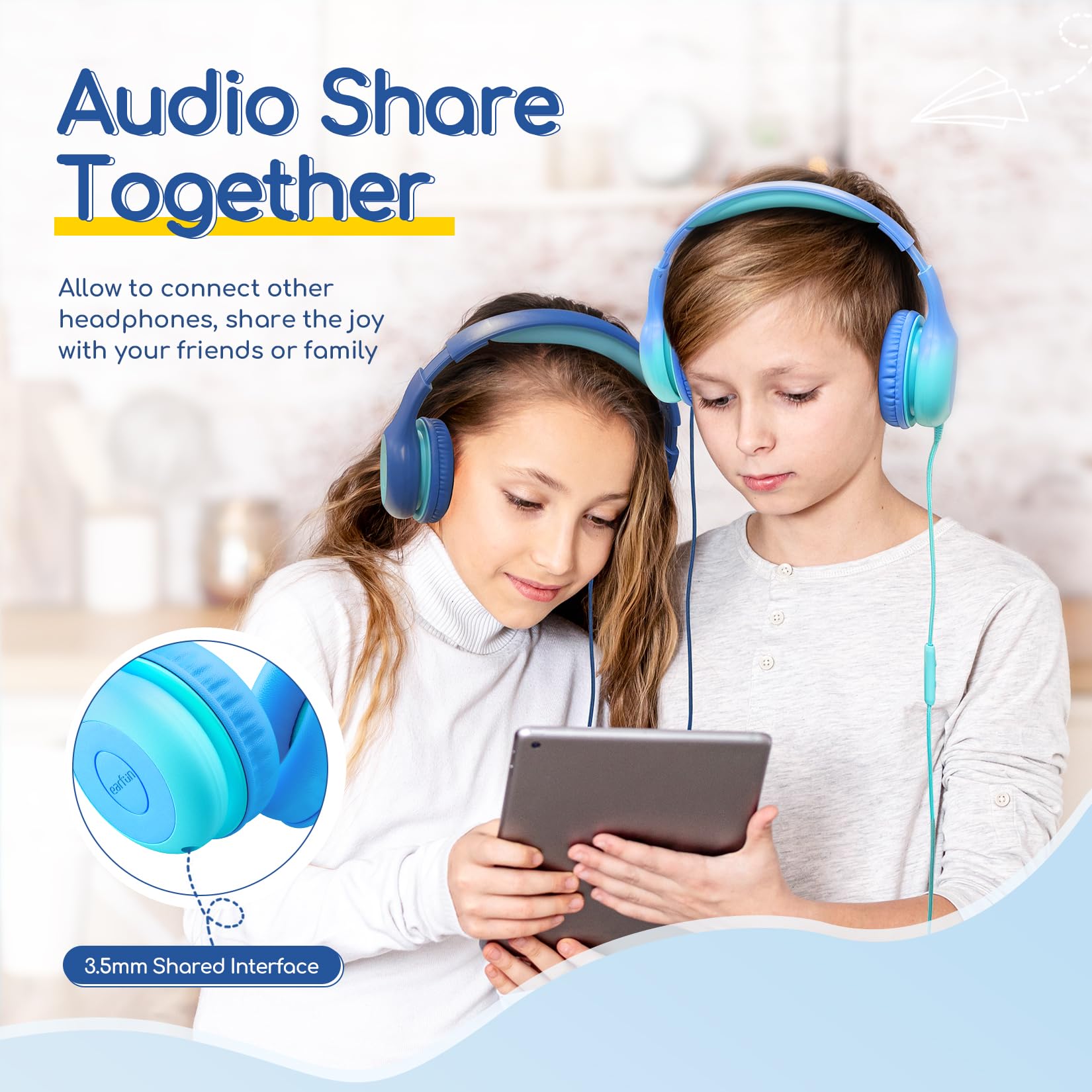 EarFun K1 Kids Headphones Wired with Microphone, 85/94dB Volume Limit Headphones for Kids, Portable Wired Headphone with Shareport, Stereo Sound Foldable Headset for School/Tablet/iPad, Black Red