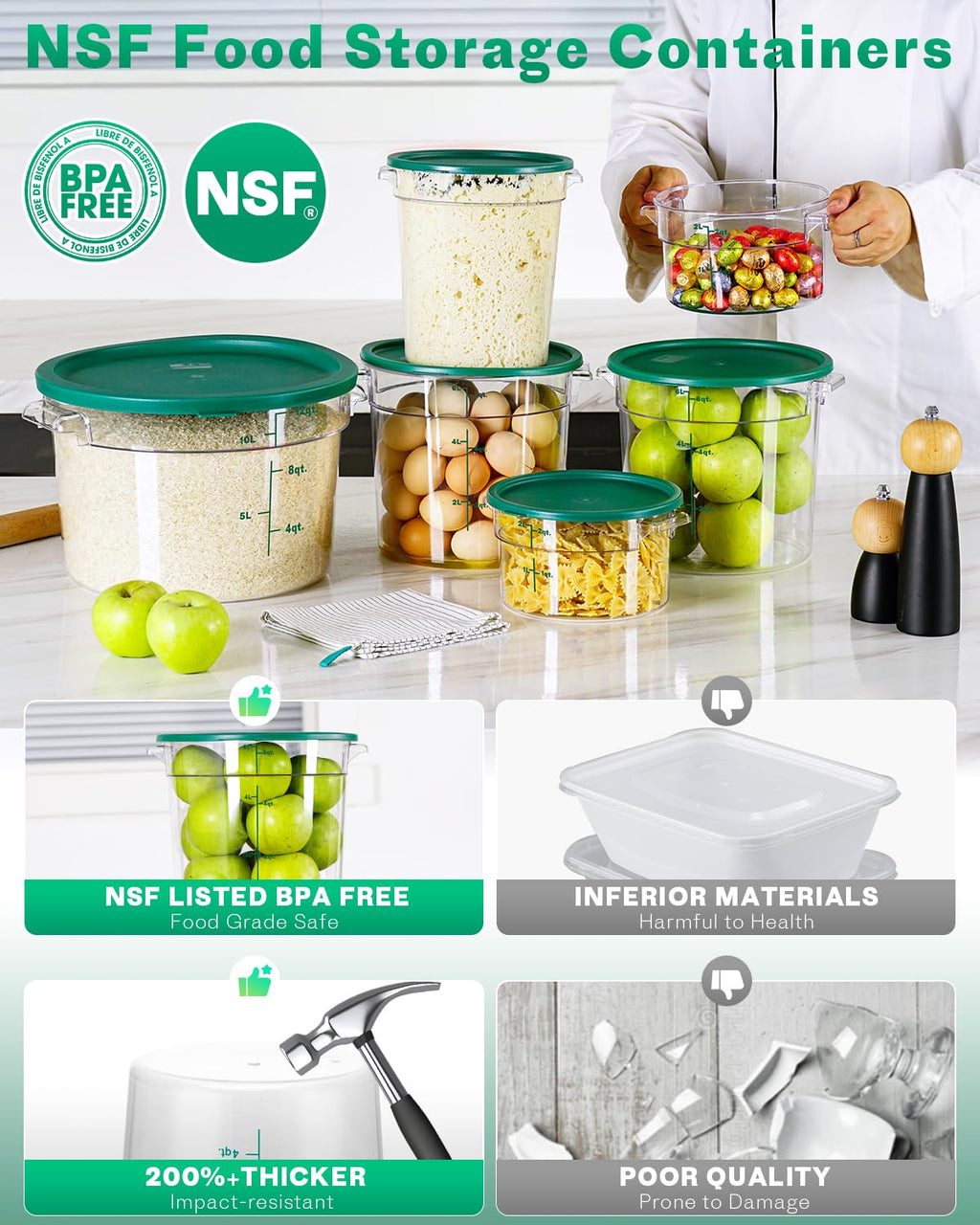 4QT NSF Food Storage Containers: 8 PCS [Food Grade][Hot&Cold Resistant] Commercial Clear Food Storage Containers with Lids for Restaurant Kitchen Proof Dough, Measuring Spoons Included(BPA FREE)