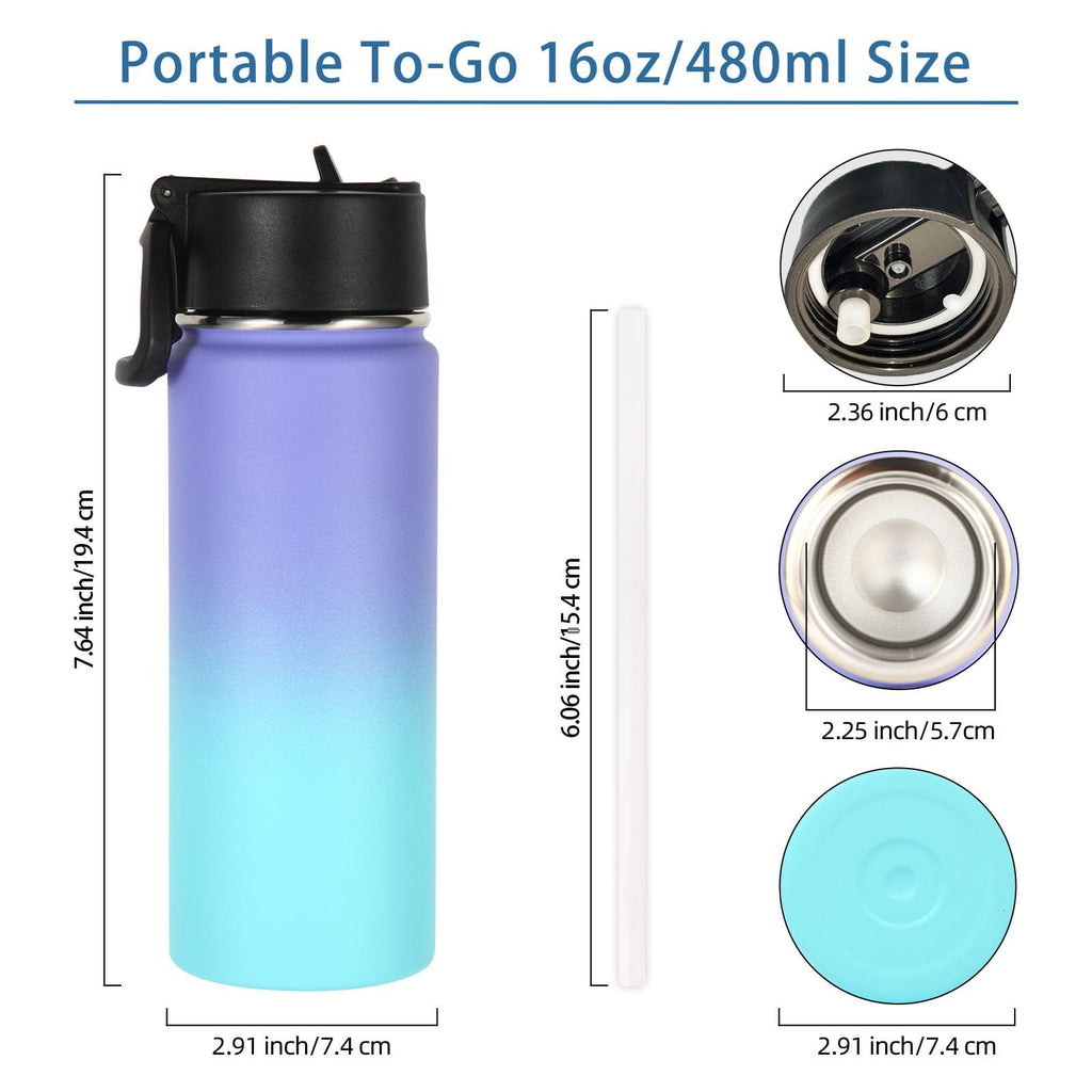 Volhoply Kids Insulated Water Bottle with Straw,16oz Stainless Steel Cold Water Bottles for School,BPA-Free Metal Wide Mouth Cups with Handle Lid,Reusable Double Wall Vacuum Sport Flask(Black,1)