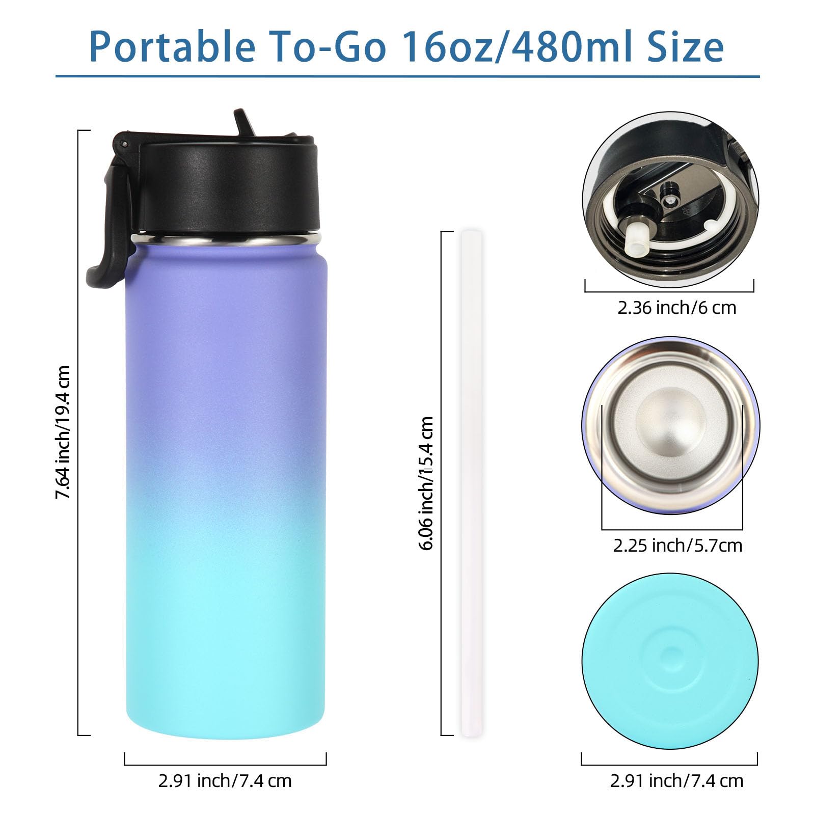 Volhoply Kids Insulated Water Bottle with Straw,16oz Stainless Steel Cold Water Bottles for School,BPA-Free Metal Wide Mouth Cups with Handle Lid,Reusable Double Wall Vacuum Sport Flask(Black,1)