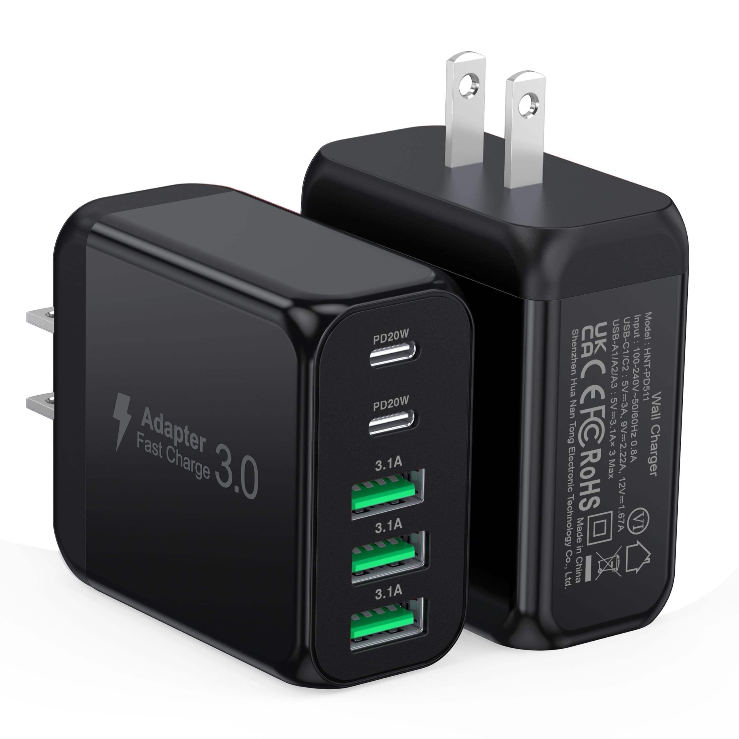 [2-Pack] 50W USB C Wall Charger Block, 5-Port C Charger Fast Charging Block PD Power Adapter +QC Multiport Type C Box Brick Cube USB A Wall Plug for iPhone 14/15/16/17 Pro Max,Samsung Galaxy(Black)