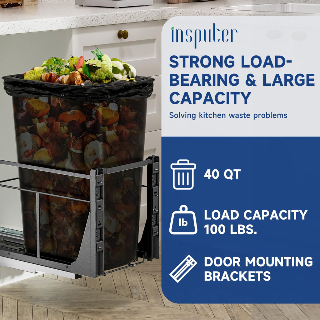 Insputer Pull Out Trash Can Under Cabinet with Push to Open Slides, Heavy Duty Under Sink Garbage Can Kit for Kitchen, Laundry, Not Included Bin, Requires 15" W X 18" D Cabinet (Grey)