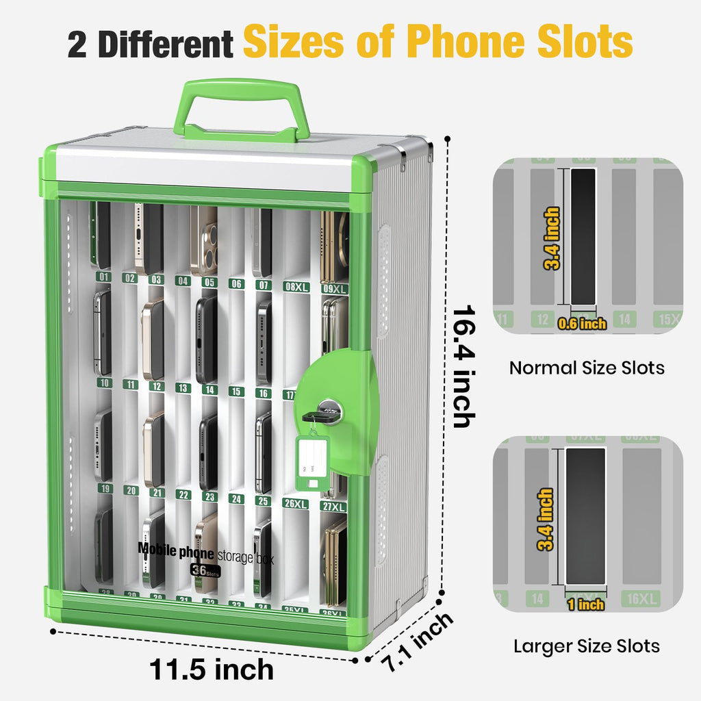 Glosen Cell Phone Locker 24 Slots, Portable Phone Storage Cabinet [Wall Mounted] [Silver 24 Slots-Universal Key ] Aluminum Alloy Cellphone Lock Box with Key & Handle for School Classroom Office Exam