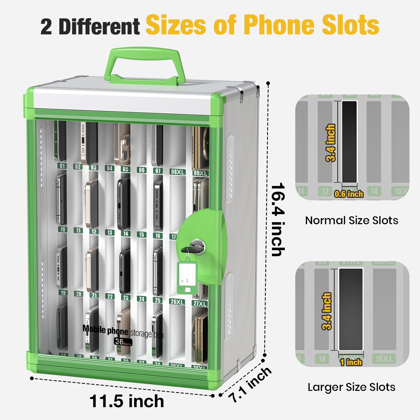 Glosen Cell Phone Locker 24 Slots, Portable Phone Storage Cabinet [Wall Mounted] [Silver 24 Slots-Universal Key ] Aluminum Alloy Cellphone Lock Box with Key & Handle for School Classroom Office Exam