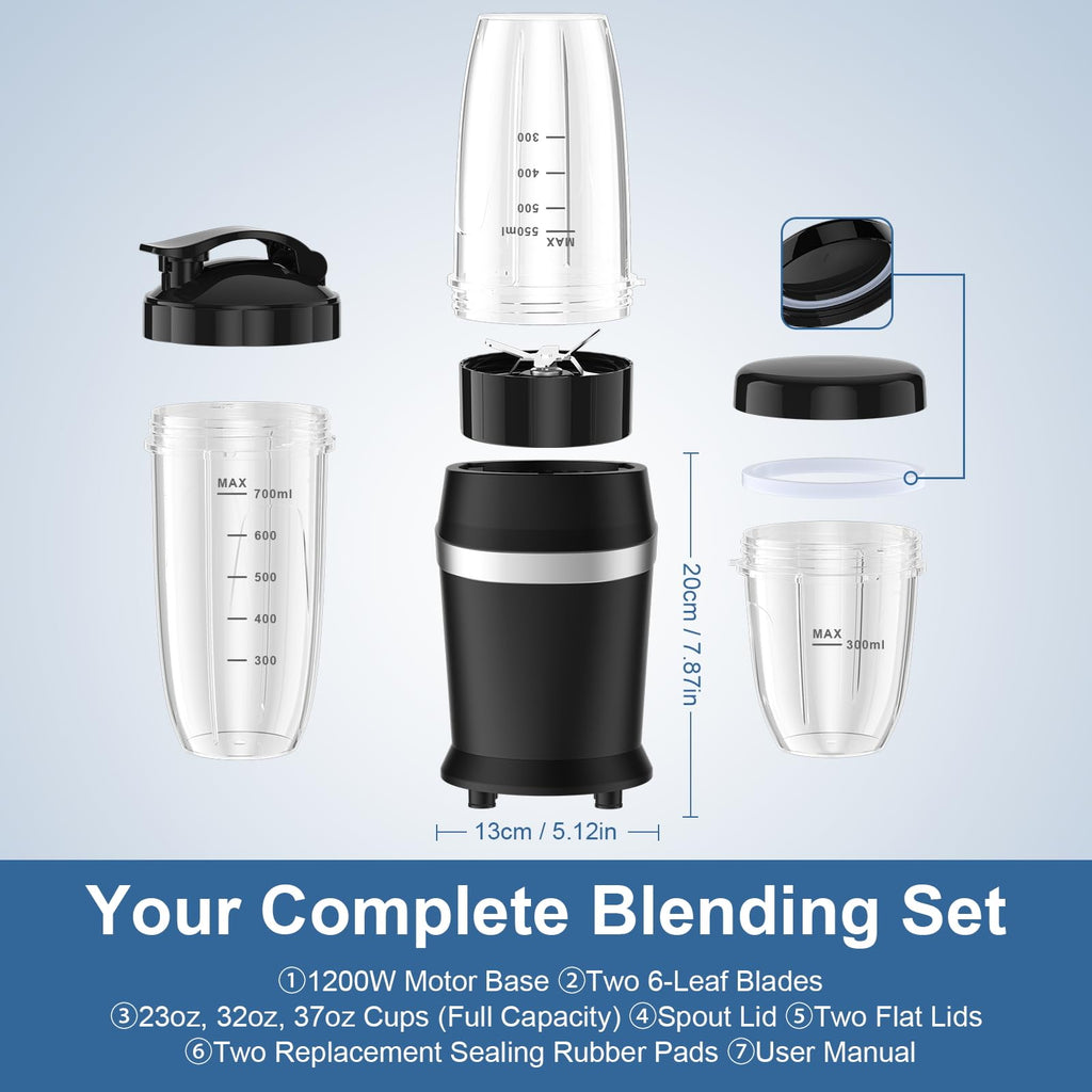 Colarlemo 12-Piece Smoothie Blender Maker 25,000 RPM Personal Blender for Ice Crushing Smoothies & Frozen Drinks Nuts with 23oz, 32oz, 37oz Portable Cups Two 6-Leaf Stainless Steel Blades, Silver