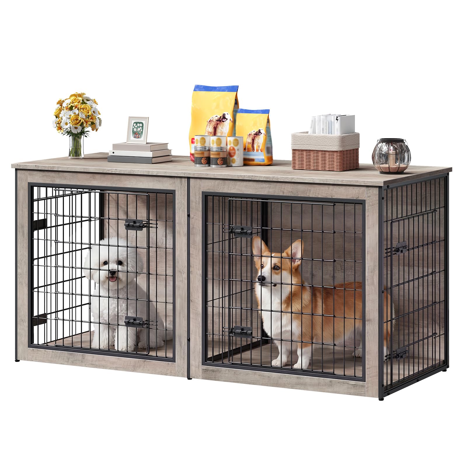 HOOBRO Dog Crate Furniture for 2 Dogs, 63" Large Double Dog Crate Furniture with Divider, Wooden Indoor Kennel TV Stand for Medium Large Dogs, Rustic Brown BF55GW03
