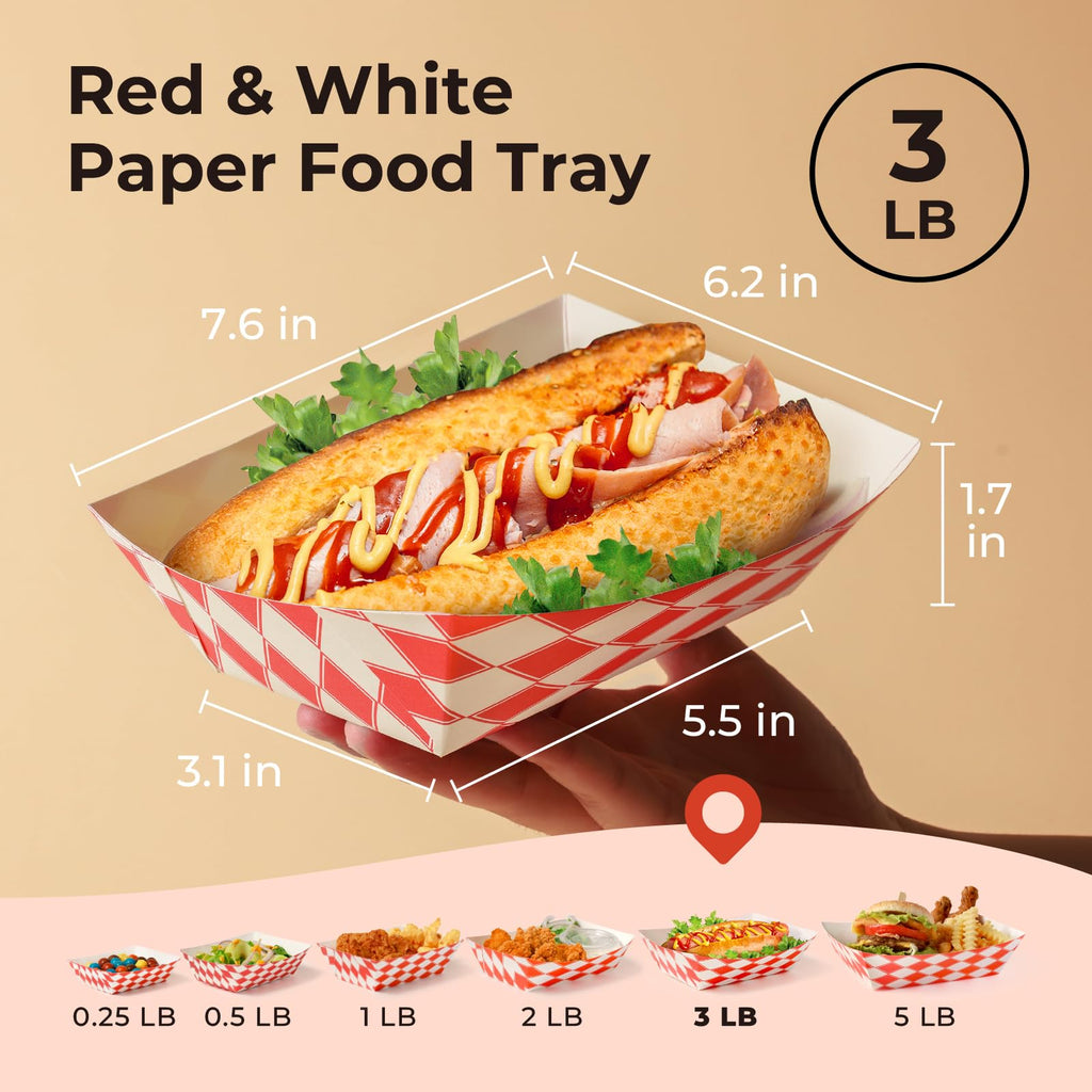Fit Meal Prep [250 Pack 0.25 lb Paper Food Boats Heavy Duty Disposable Food Trays, Red Check Nacho Tray for Parties Fairs Picnics Carnivals, Holds Ketchup Cheese Sauce Pickles