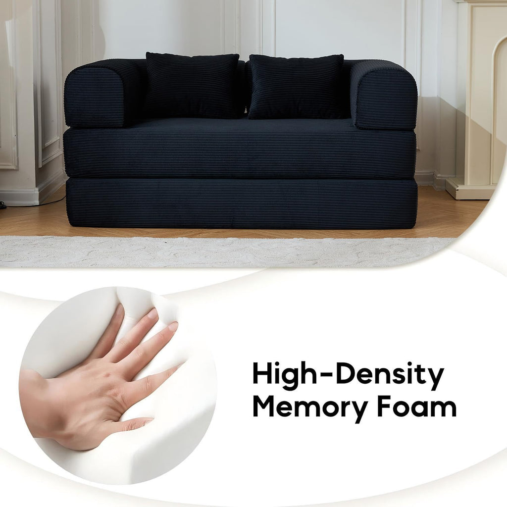 ZEIINPA 59“ Convertible Floor Sofa Bed, 5-in-1 Futon Sofa Bed Pull Out Sleeper Couch, Modern Corduroy Compressed Loveseat, Modular Boneless Couches for Living Room, No Assembly Required, Beige