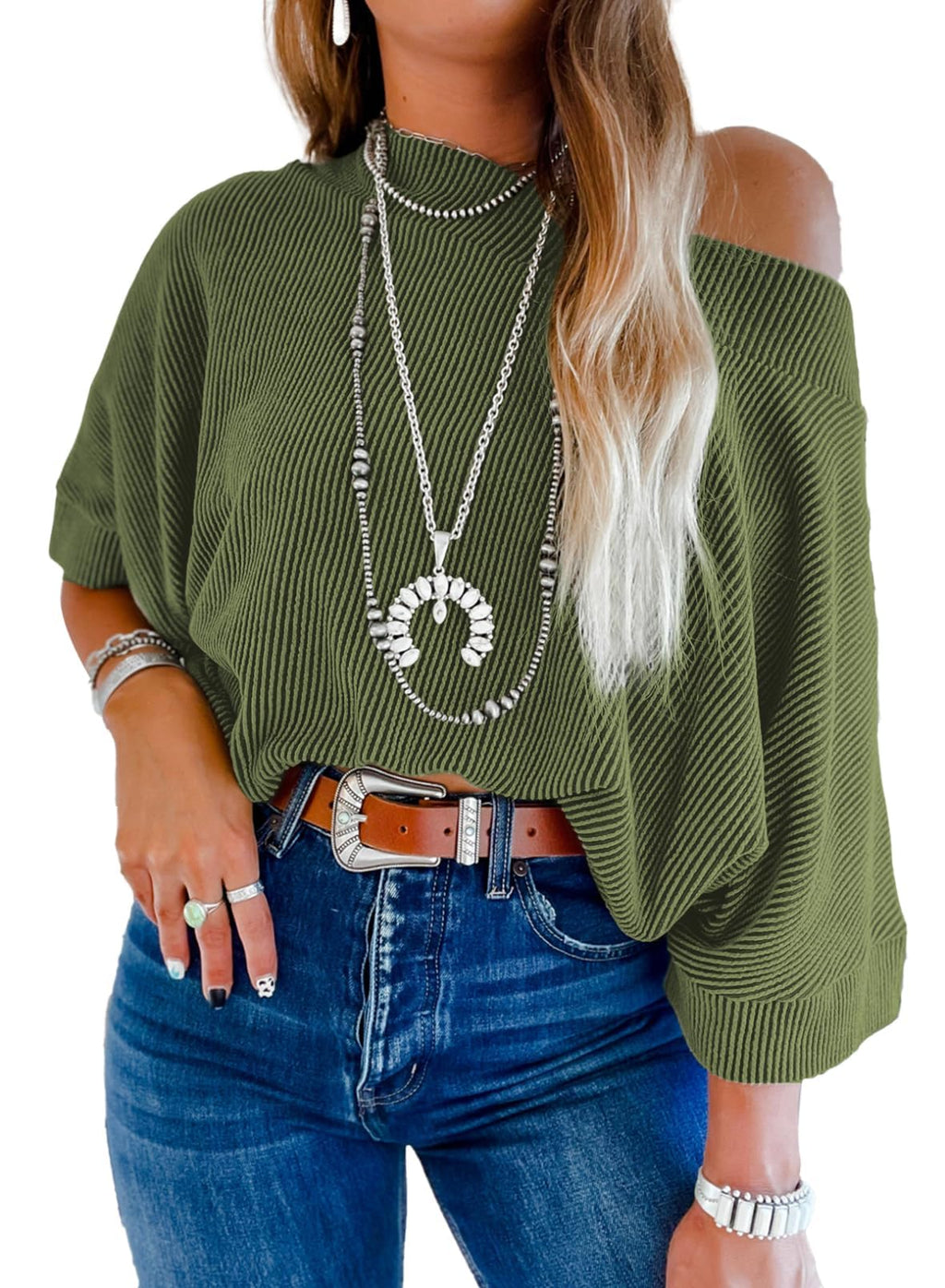 EVALESS Sexy Off The Shoulder Tops for Women 3/4 Length Sleeve Womens Tops Spring Summer 2026 Boat Neck One Shoulder Shirts