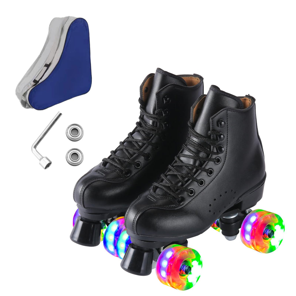 Roller Skates for Men and Women, Black Derby Roller Skates with 4 Shiny Wheel, Classic Double-Row Roller Skates for Indoor and Outdoor