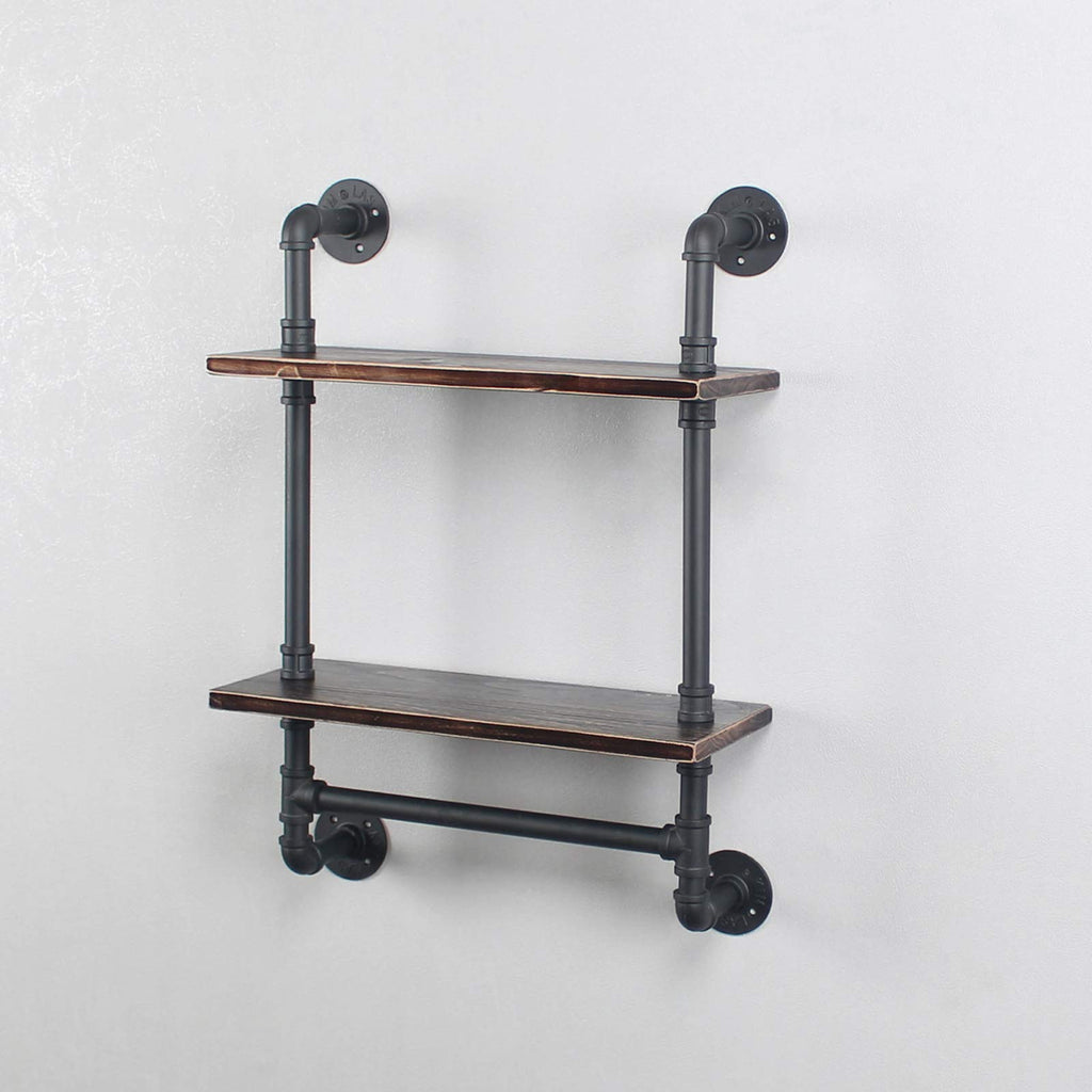 MBQQ Industrial Pipe Shelf Bathroom Shelves Wall Mounted,19.6in Rustic Wood Shelf with Towel Bar,1 Tier Farmhouse Towel Rack,Pipe Shelving Floating Shelves Towel Holder,Black & White