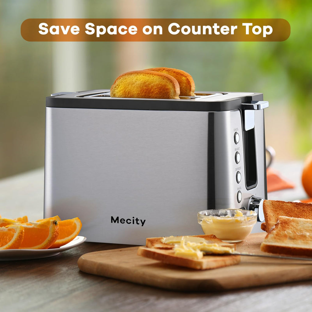 Mecity 4 Slice Toaster, Long Slot Toaster With Warming Rack, Timer, Bagel, Defrost, Reheat Functions, Crumb Tray, 6 Browning Settings, Extra Wide Long Slots, Stainless Steel, 1300W, Grey