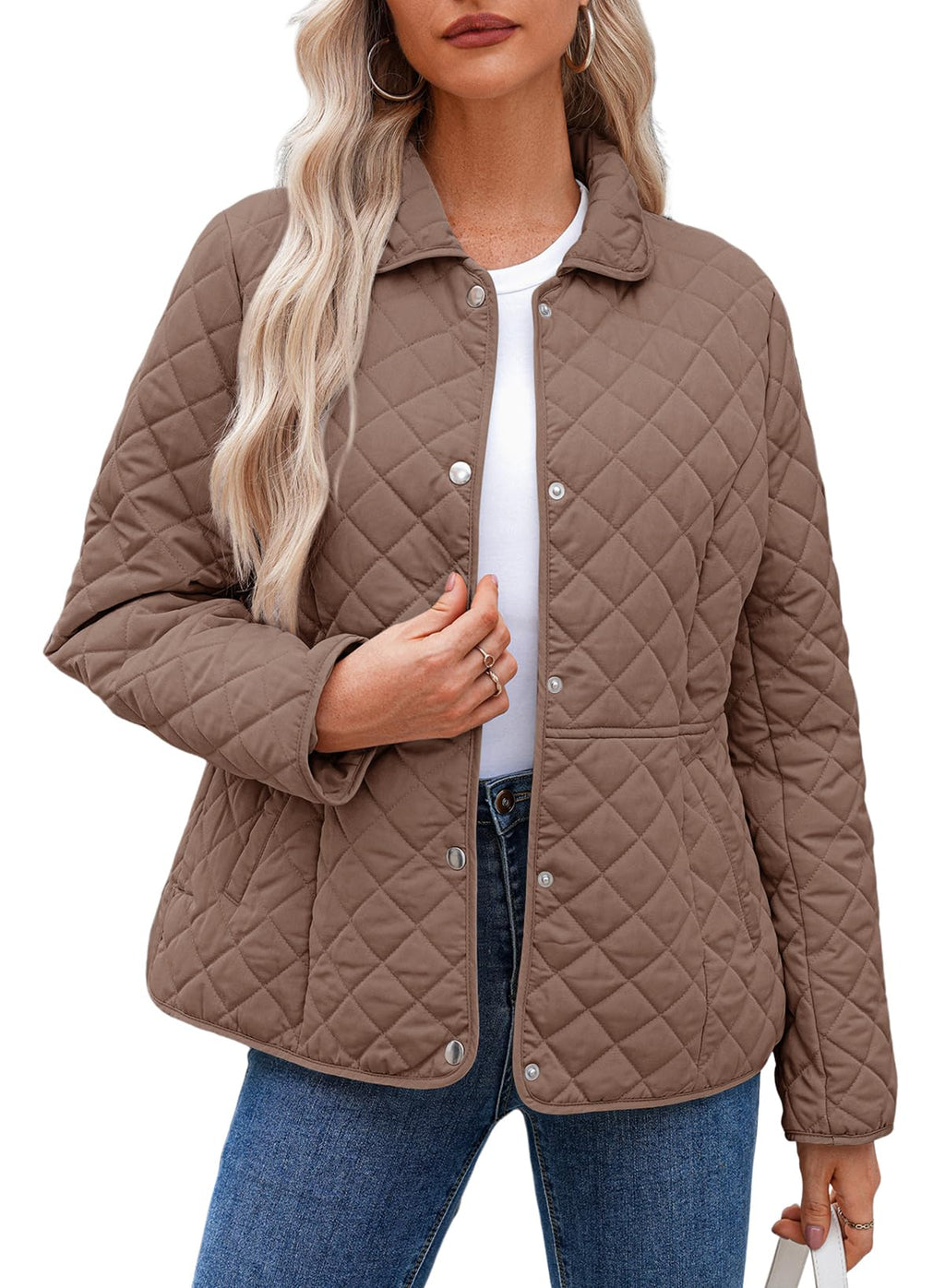 Dokotoo Women's Winter Quilted Jackets Long Sleeve Button Down Diamond Puffer Jacket Outerwear Coats with Pockets