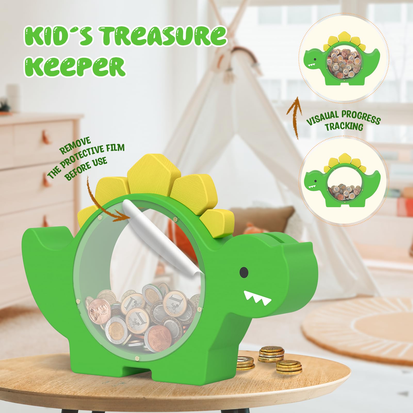 Summidate Wooden Dinosaur Piggy Bank for Kids Boys, Cute Wood Dino Money Bank for Toddlers, Creative Saving Coin Jar, Personalized Present for Child Birthday & Decor (Brachiosaurus, Custom)
