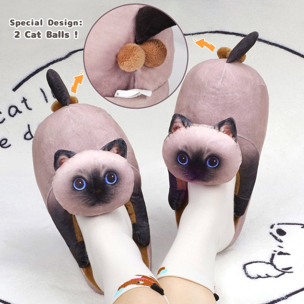 Funny Cat Slippers for Women,Fuzzy Animal Indoor House Shoes with Soft Memory Foam,Comfy Plush Warm Slip-on Slippers,Cat Gifts for Cat Lover