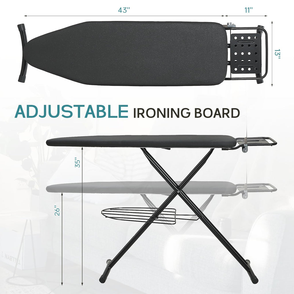 Ironing Board Full Size, RAINHOL 43"x13" Sturdy Iron Board with Iron Rest and Garment Rack, Height Adjustable Metal Construction with Ultra Thick Cover and Padding, Foldable and Heavy Duty