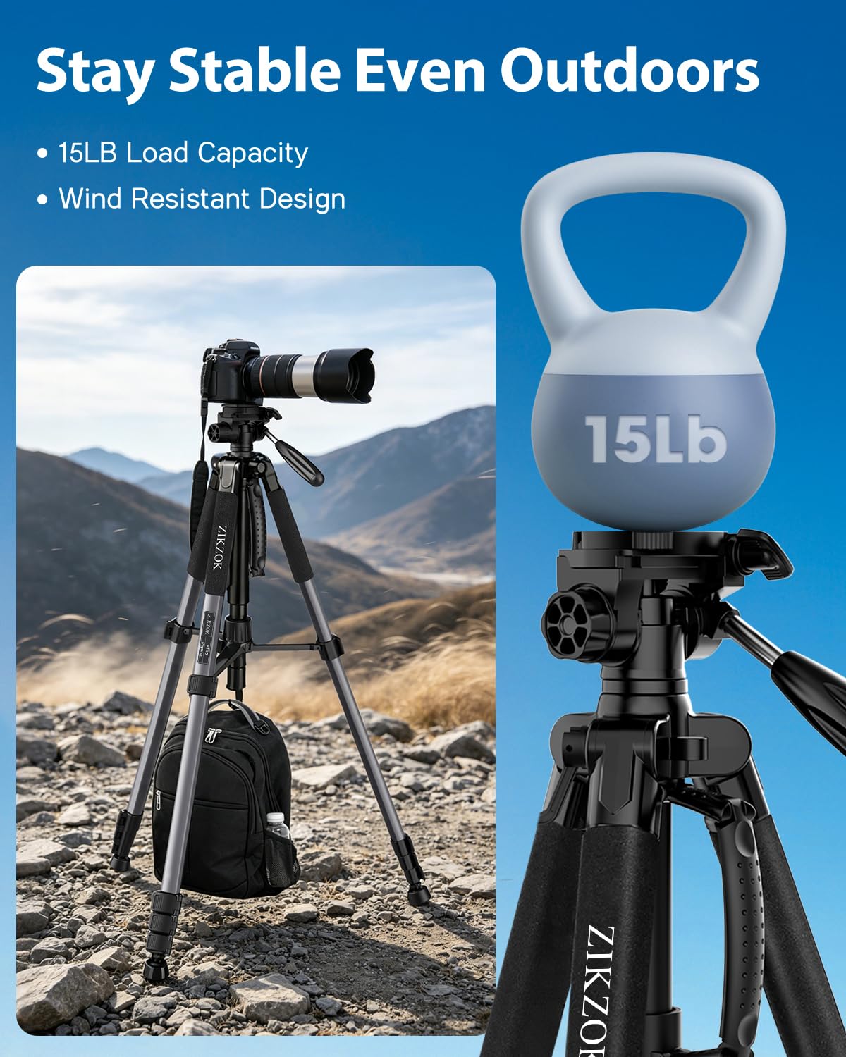 75" Camera Tripod, Aluminum Heavy Duty Camera Stand for ipad Phone, Travel Tripod with/Carry Bag/Phone Tablet Holder, Compatible with Canon Nikon Sony DSLR, Spotting Scopes, Max Load 15 Lb(Black)