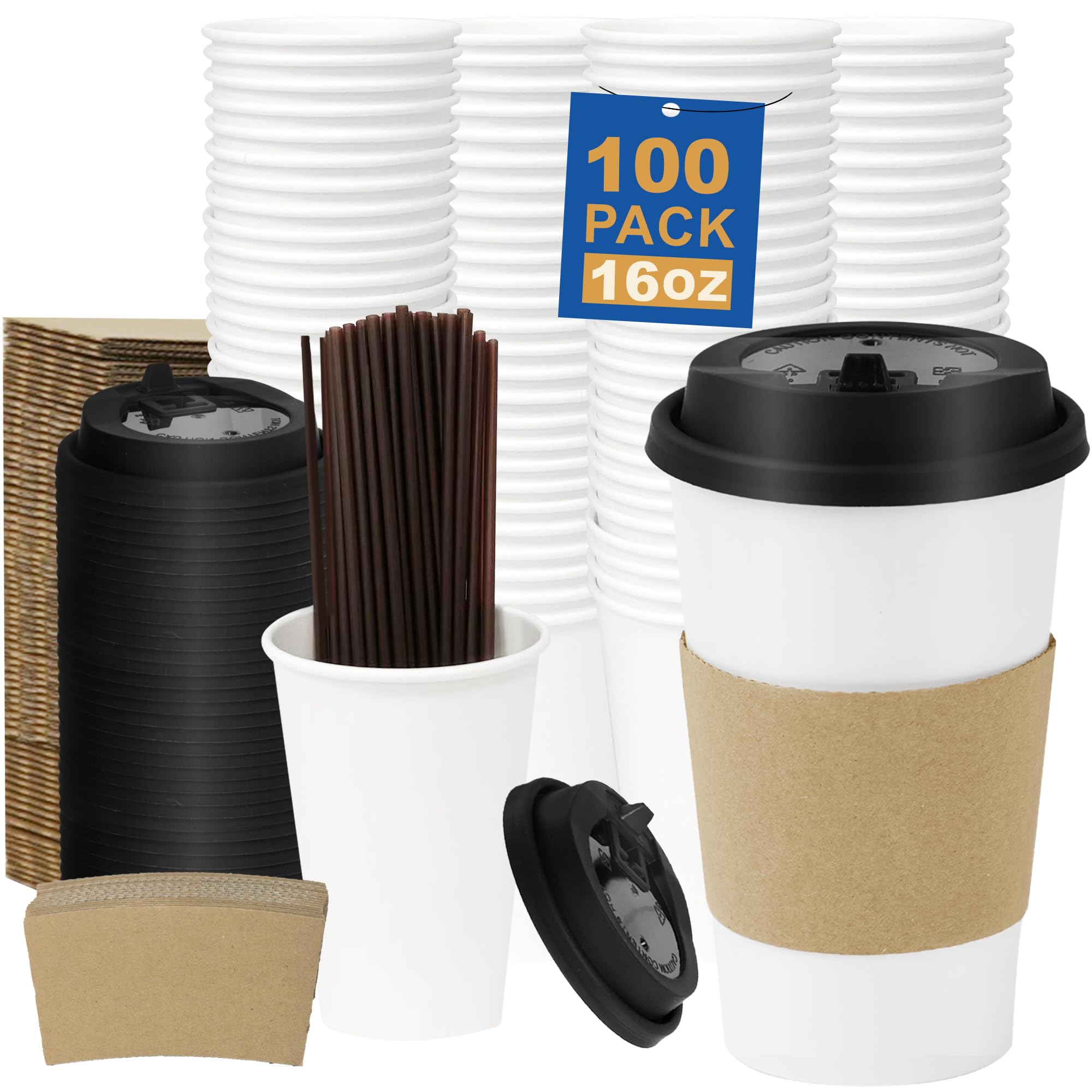 16 oz 100 Pack Corrugated Ripple Wall Disposable Coffee Cups with Lids and Straws, Heavy Duty Insulated Cups for Hot Beverage or Cold Drinks, Bulk for Restaurants, Offices, Coffee Shops(Black)