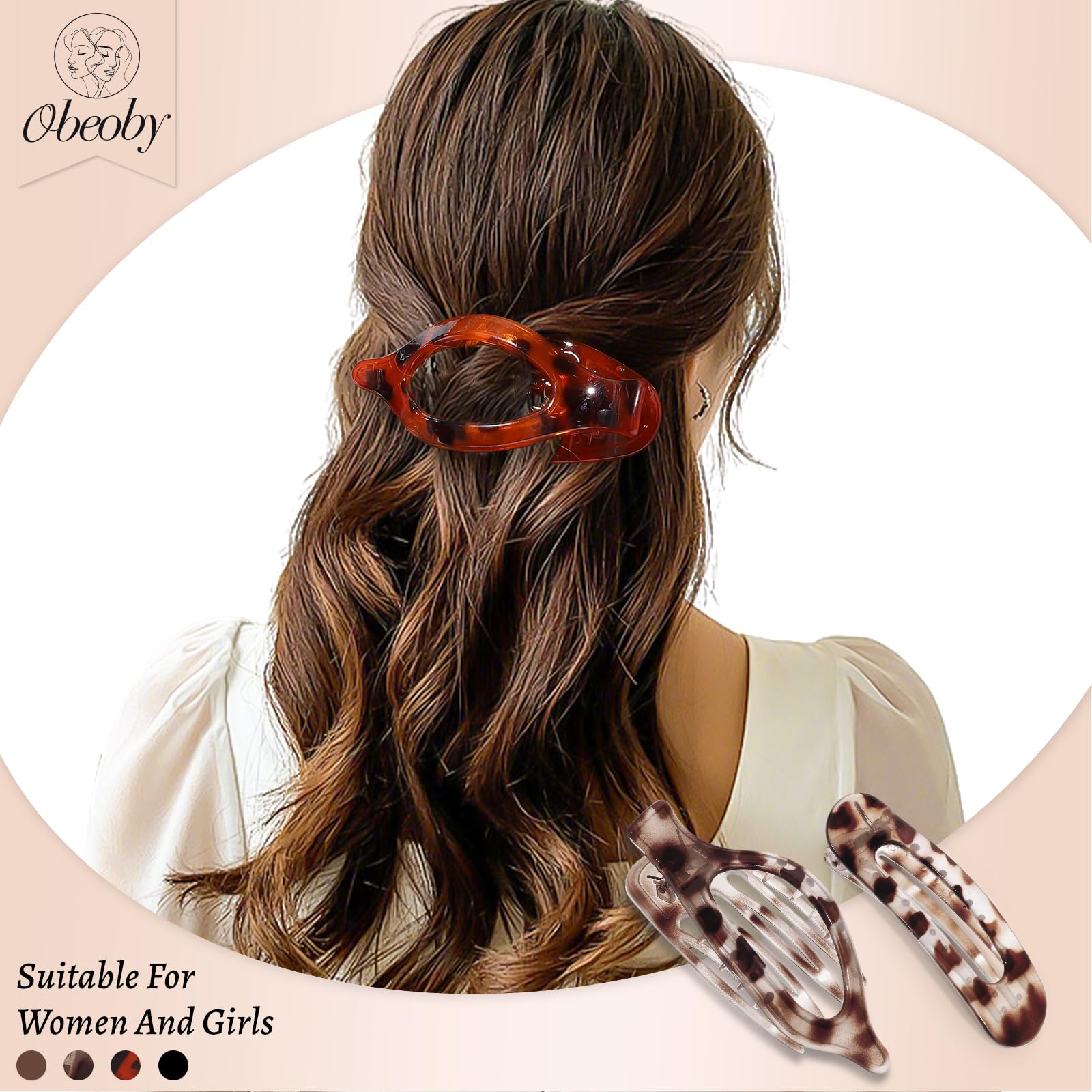 Obeoby 8 Pcs Flat Claw Clips for Women, Strong Hold French Flat Hair Clips for Thick Thin Hair Barrettes Accessories Round Large Medium (Tortoiseshell)