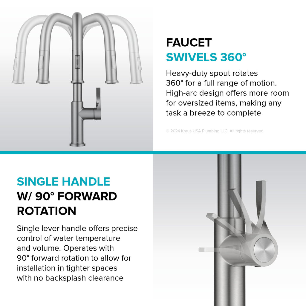 KRAUS Torak Pull Down Kitchen Faucet in Matte Black with Commercial Style Spring Spout, 2 Function Sprayer, Pre-Attached Water Lines, and Mounting Hardware, KPF-2635MB