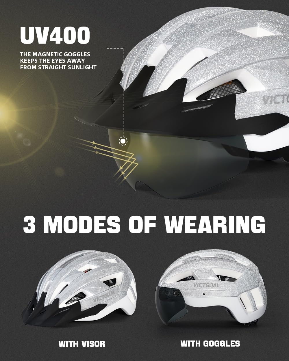 VICTGOAL Bike Helmet with USB Rechargeable Rear Light Detachable Magnetic Goggles Removable Sun Visor Mountain & Road Bicycle Helmets for Men Women Adult Cycling Helmets