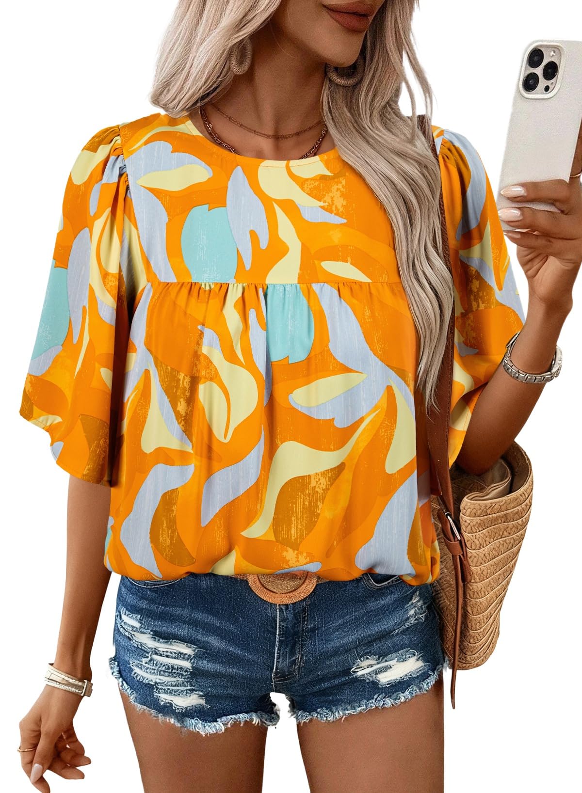 SHEWIN Women's Casual V Neck Floral Print Chiffon Blouses 3/4 Sleeve Boho Summer Tops Shirts