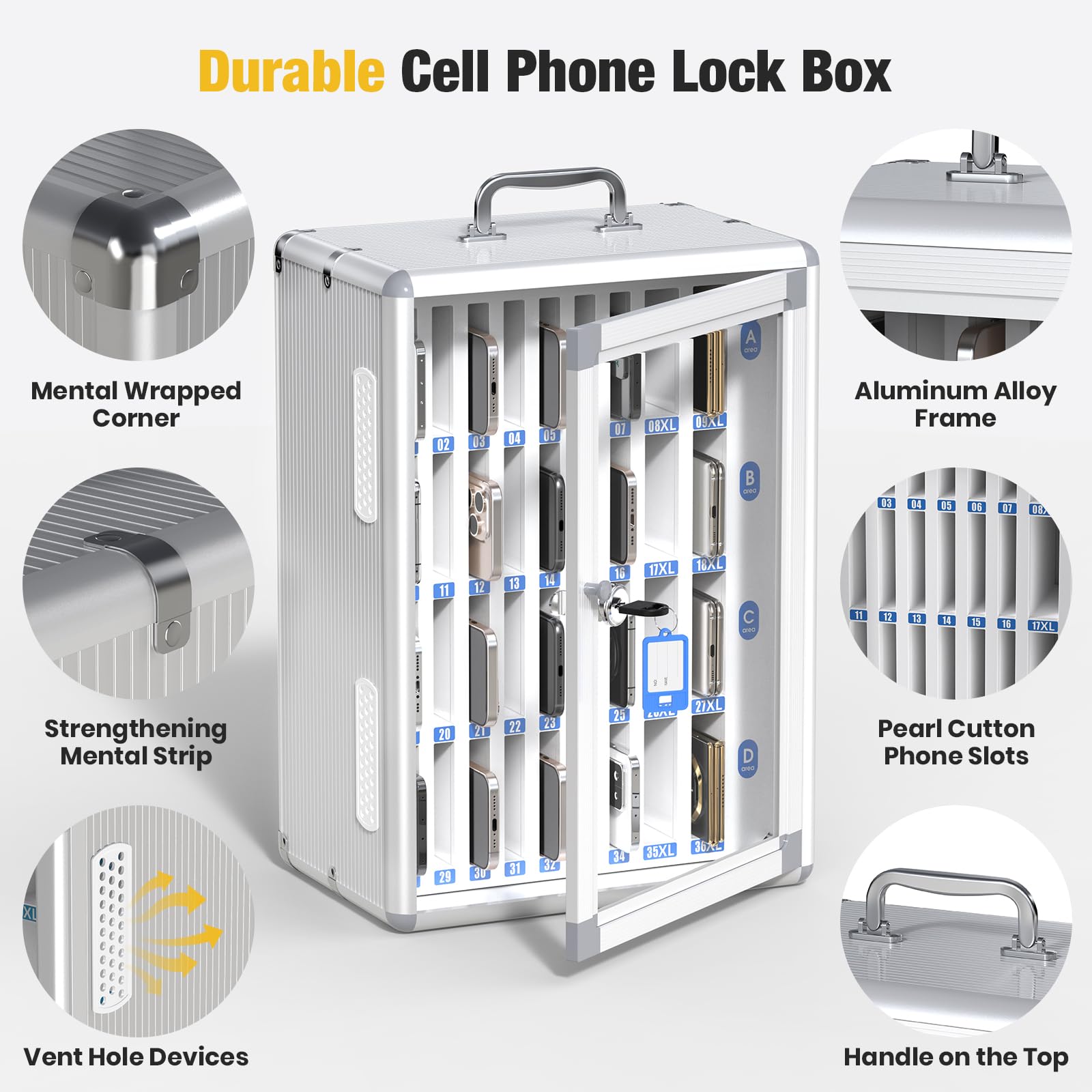 Glosen Cell Phone Locker 24 Slots, Portable Phone Storage Cabinet [Wall Mounted] [Silver 24 Slots-Universal Key ] Aluminum Alloy Cellphone Lock Box with Key & Handle for School Classroom Office Exam