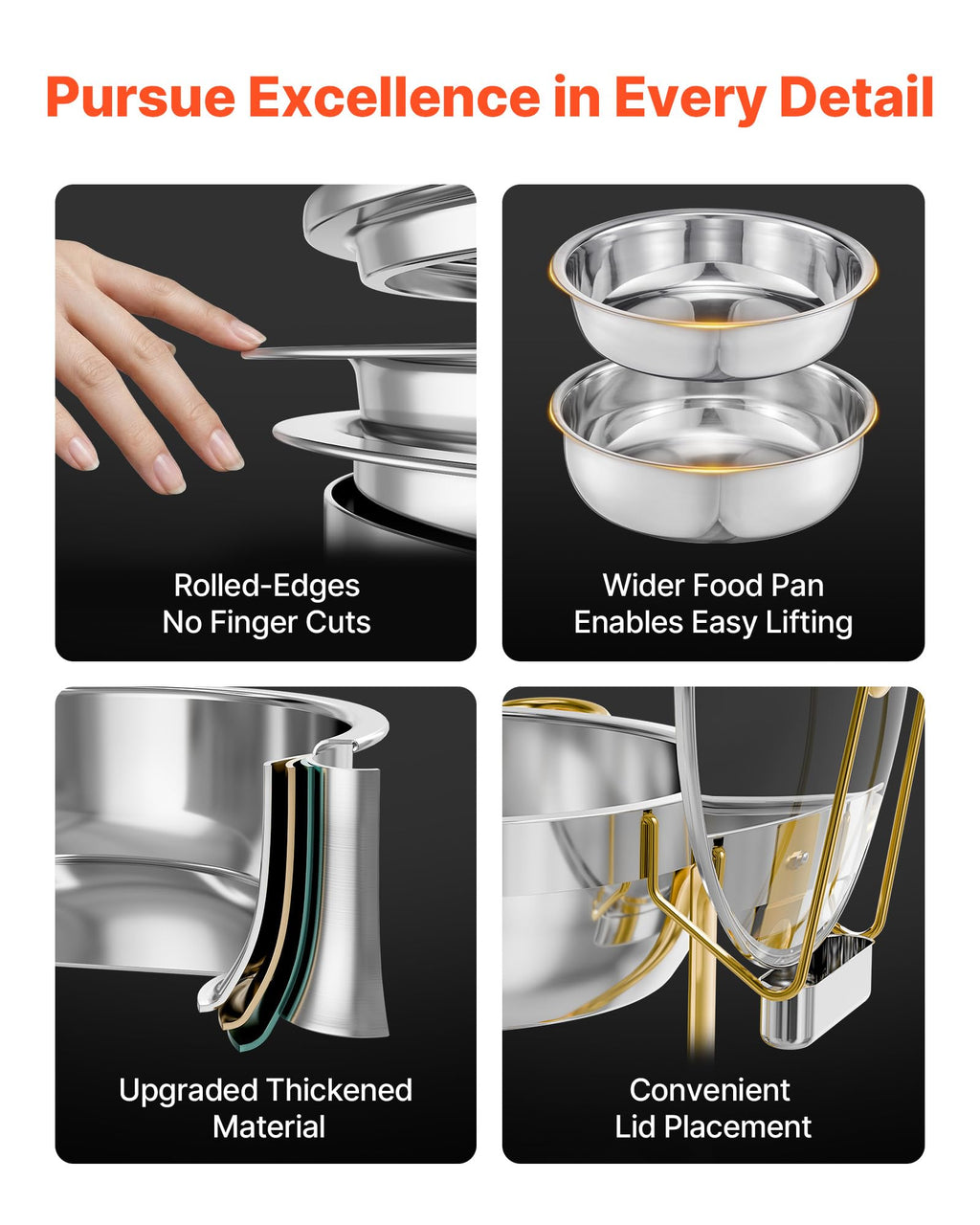 VEVOR Chafing Dish Buffet Set, 5 Qt 4 Pack, Stainless Steel Chafer with 4 Full Size Pan, Round Catering Warmer Server with Glass Lid Water Pan Folding Stand Fuel Holder, for Wedding Banquet, Gold