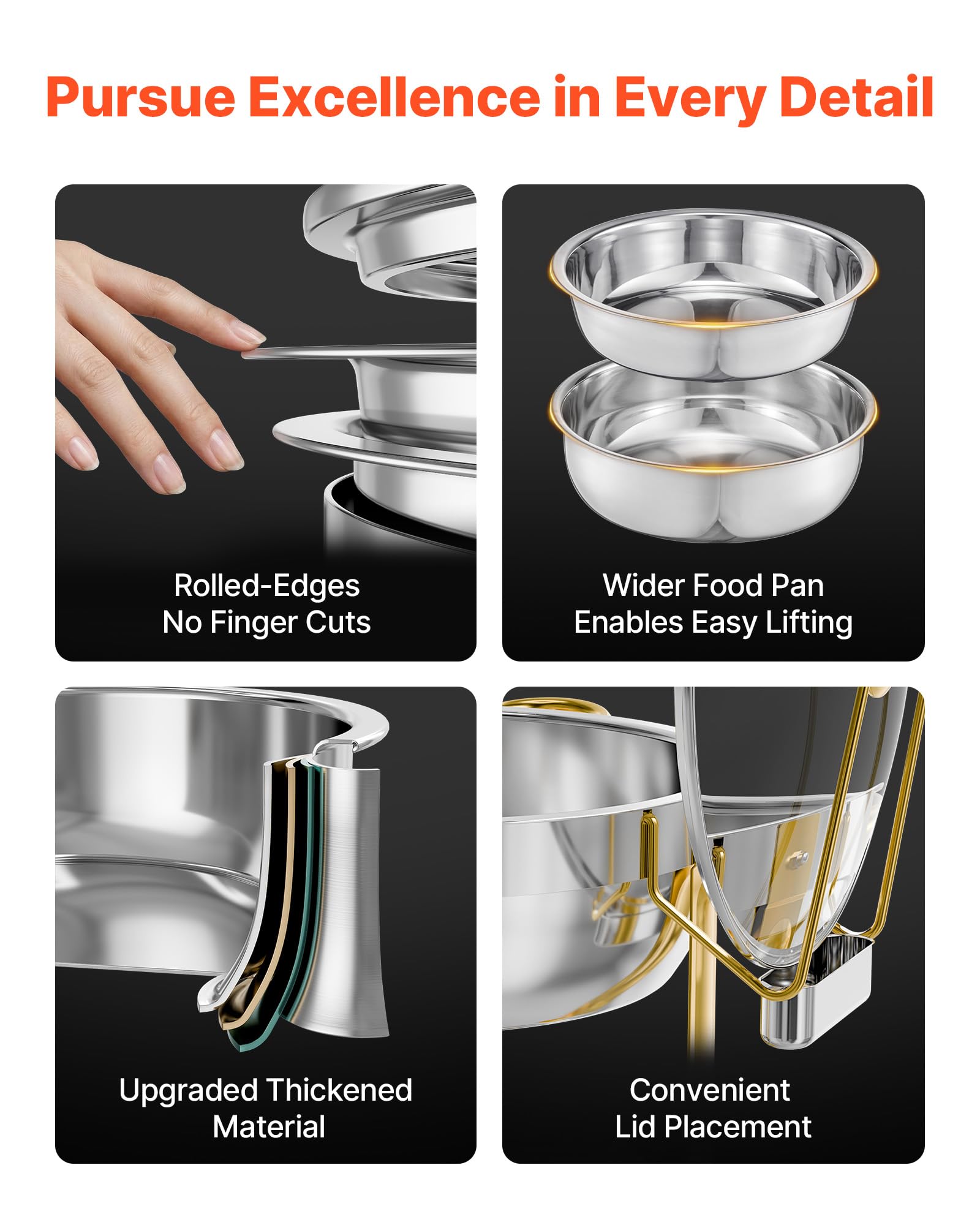 VEVOR Chafing Dish Buffet Set, 5 Qt 4 Pack, Stainless Steel Chafer with 4 Full Size Pan, Round Catering Warmer Server with Glass Lid Water Pan Folding Stand Fuel Holder, for Wedding Banquet, Gold