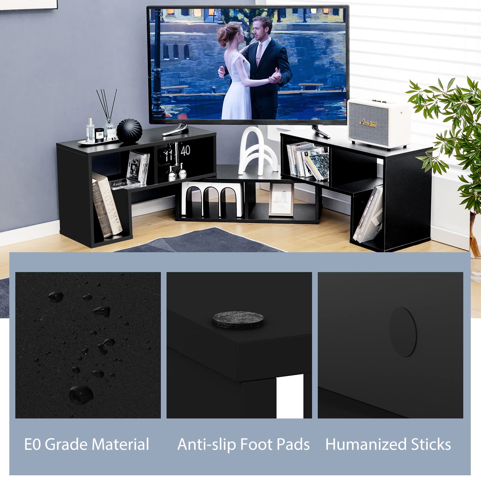 Tangkula 3 Pieces Console TV Stand, Free-Combination Entertainment Center for 50 55 60 65 Inch TV, Minimalist Modern TV Media Stand, DIY Open Storage Bookcase Shelf for Living Room (Black)