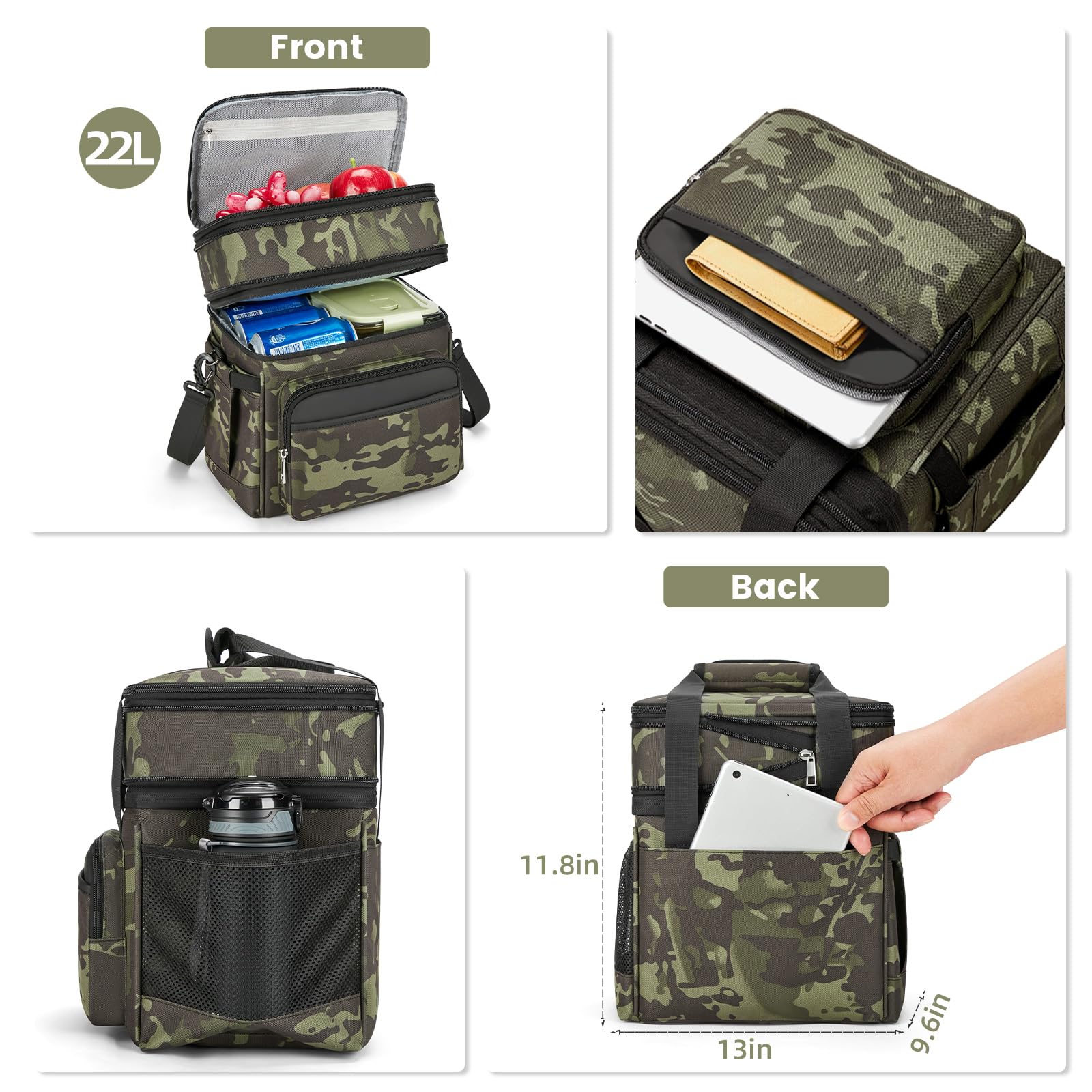 holuxer Insulated Lunch Bag & Lunch Box for Men - Double Deck Reusable Lunch Bag for Women Tote Cooler Bag Leakproof Soft Expandable - Large Lunchbox for Work/Adult/Picnic/Outdoor (Black，15L)