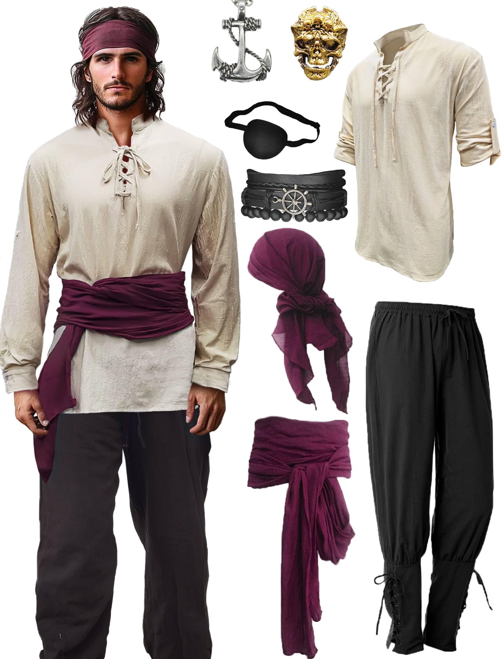 Verceco Mens Pirate Costume Outfit Renaissance Costume Men Medieval Outfit With Pirate Pants Shirts Sash Accessories (Black, Medium)