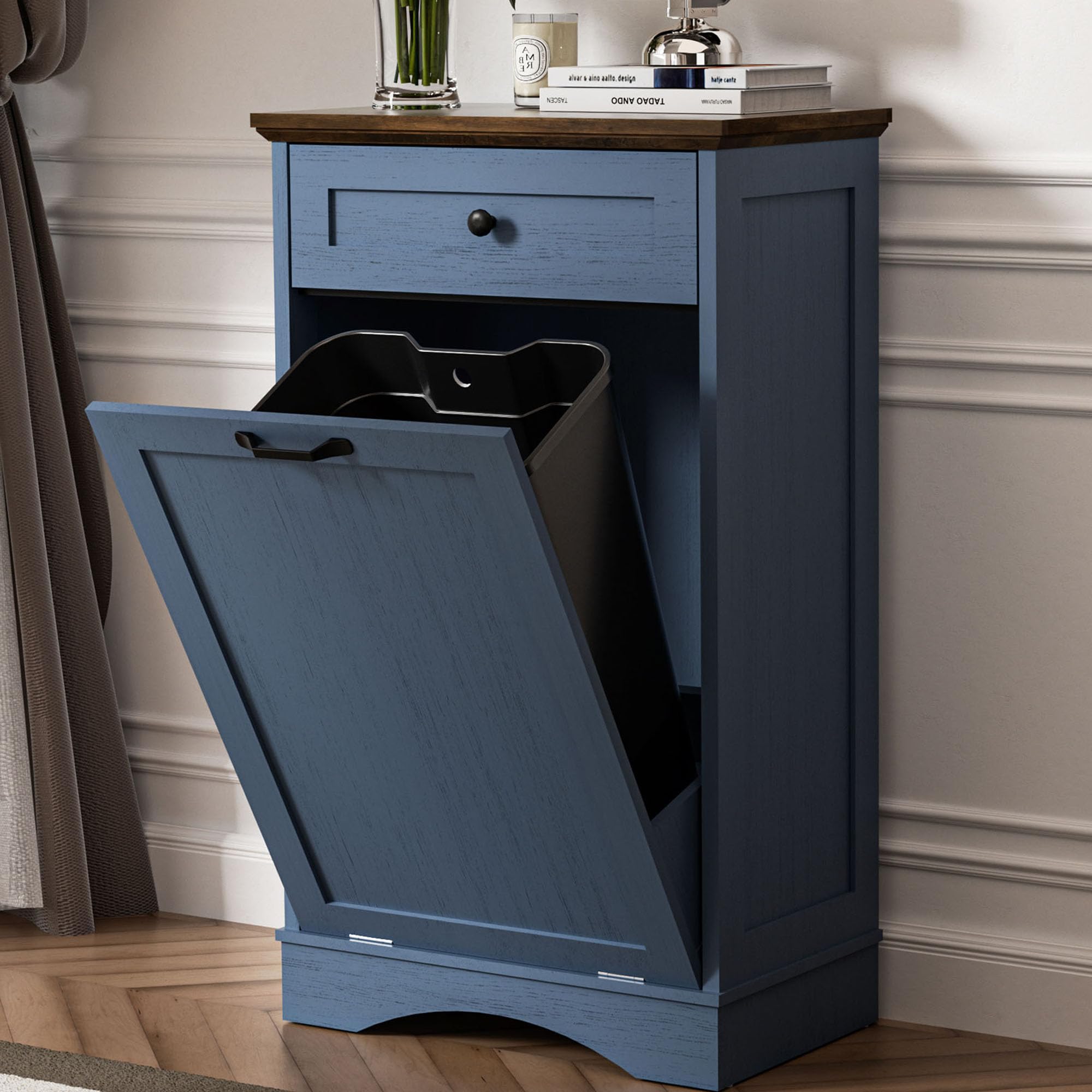 AHB Double Tilt Out Trash Can Cabinet Freestanding Kitchen Trash Can, 2x13 Gallons Hidden Garbage Recycling Cabinet with Hideaway Drawers Pet Proof Trash Can Holder for Kitchen, Antique White