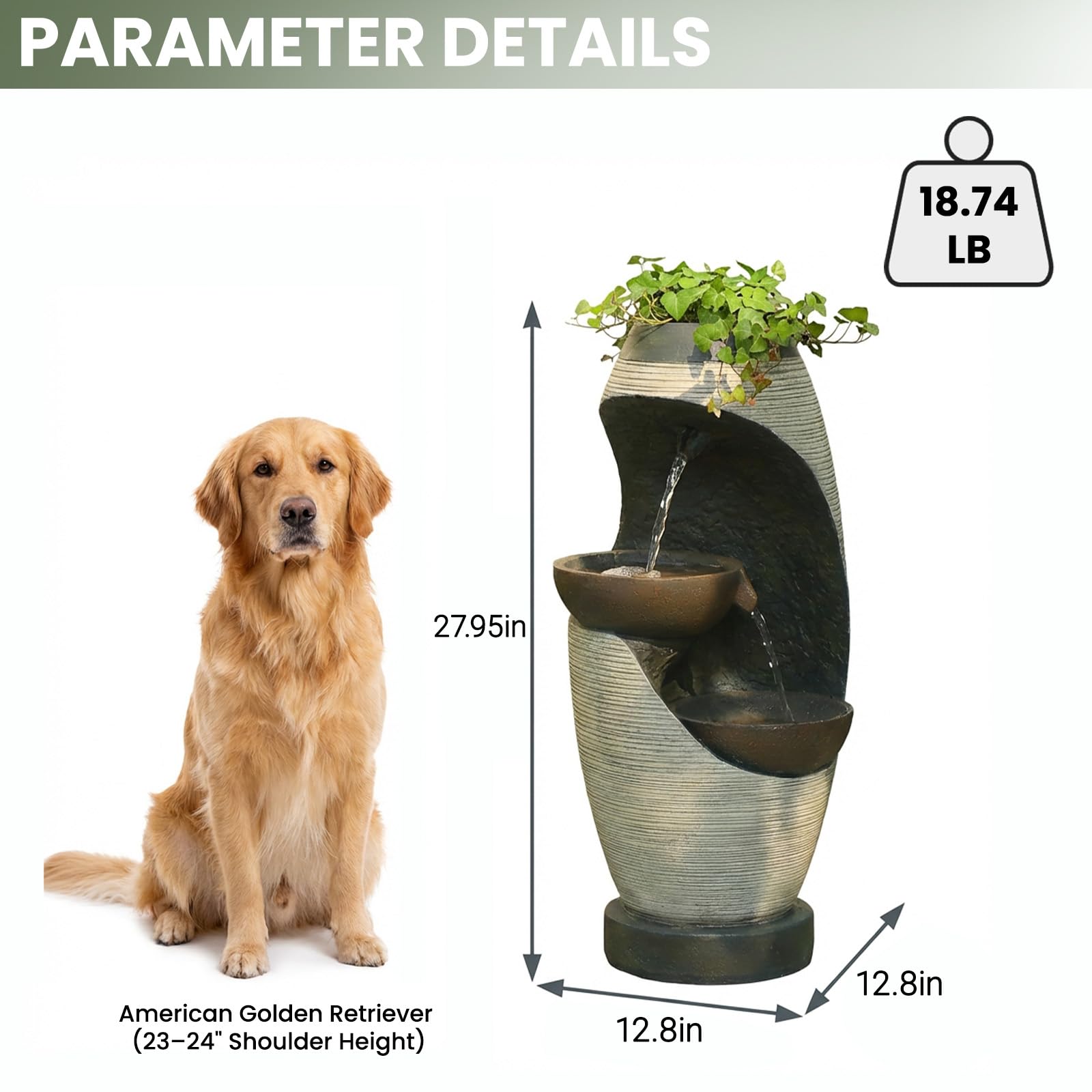 Bumilgar 2-Tier Bowl Water Fountain with LED Lights, 27.95" Tall Freestanding Outdoor & Indoor Garden Waterfall Fountain for Yard, Patio, Backyard, Floor Standing Home Decor