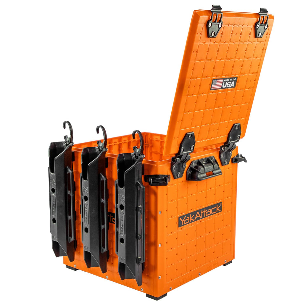 YakAttack BlackPak Pro 13" x 13" Fishing Crate with 3 Rod Holders - Battleship Grey | Compact Tackle Storage Box & Gear Organizer for Kayaks | Lightweight, Durable & Customizable Marine Accessory