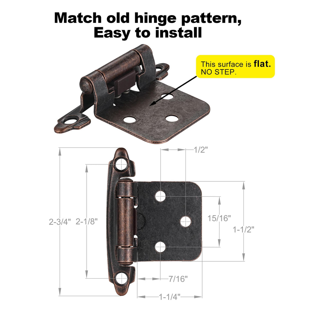 4 Pack (2 Pairs) Antique Brass Self Closing Cabinet Hinges for Kitchen Cabinet Door, 1/2" Overlay (Variable) Semi Concealed Kitchen Cabinet Hinges